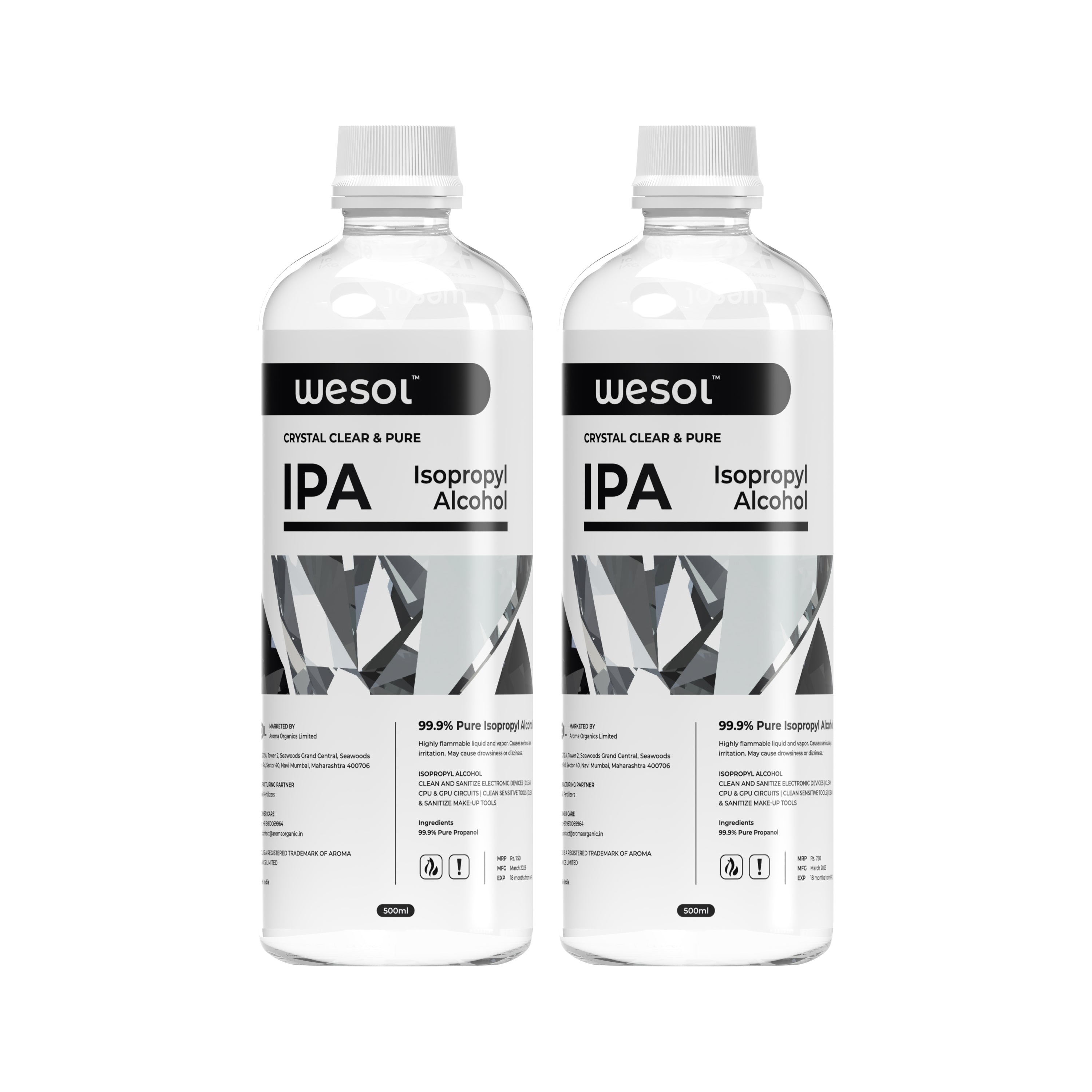 Wesol IPA Isopropyl alcohol 99.9% | (CH3)2-CH-OH CAS: 67-63-0 | Premium Grade Pure without mixing | For Technical Use | 500ml Pack of 2
