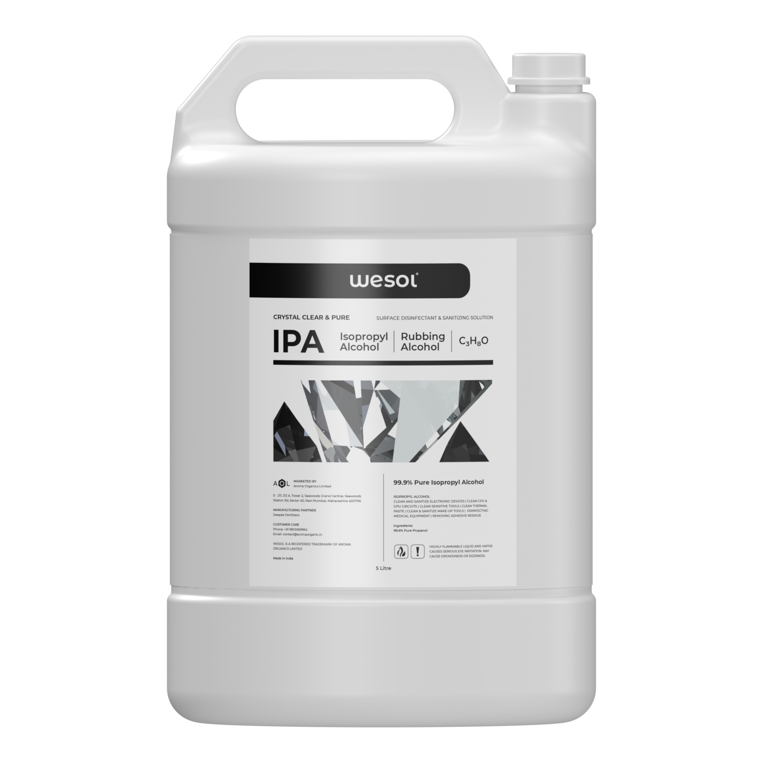 Wesol Isopropyl alcohol 99.9% IPA 5 Litre | (CH3)2-CH-OH CAS: 67-63-0 | Industrial Grade | Disinfecting Solution and Powerful Cleaning
