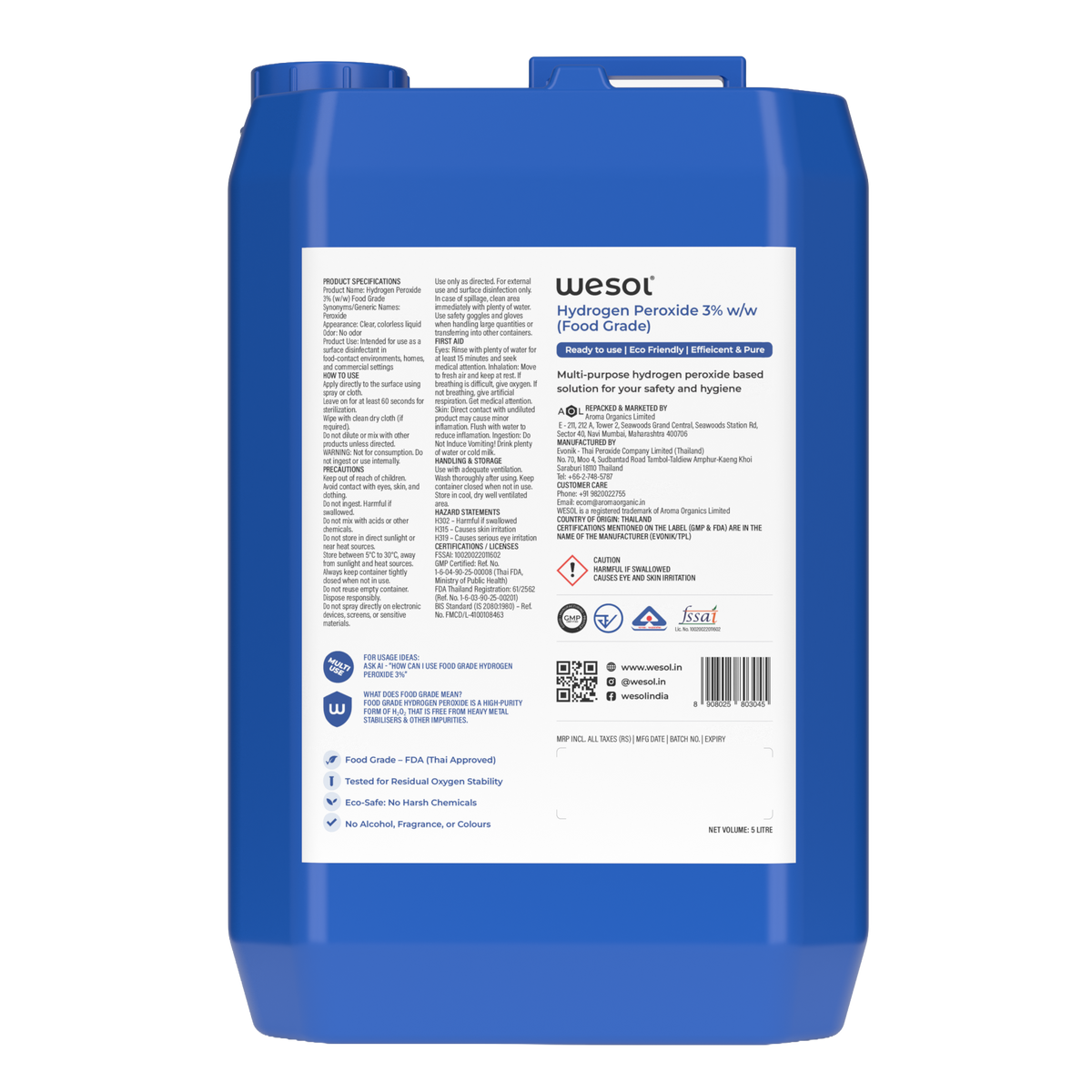 Wesol Hydrogen Peroxide 3% Food Grade | Multi-Use Disinfectant | Kills 99.9% Germs & Viruses | 5 Litre Pack - Best For Cleaning, General disinfection, deodorising, Hydroponics, Food production