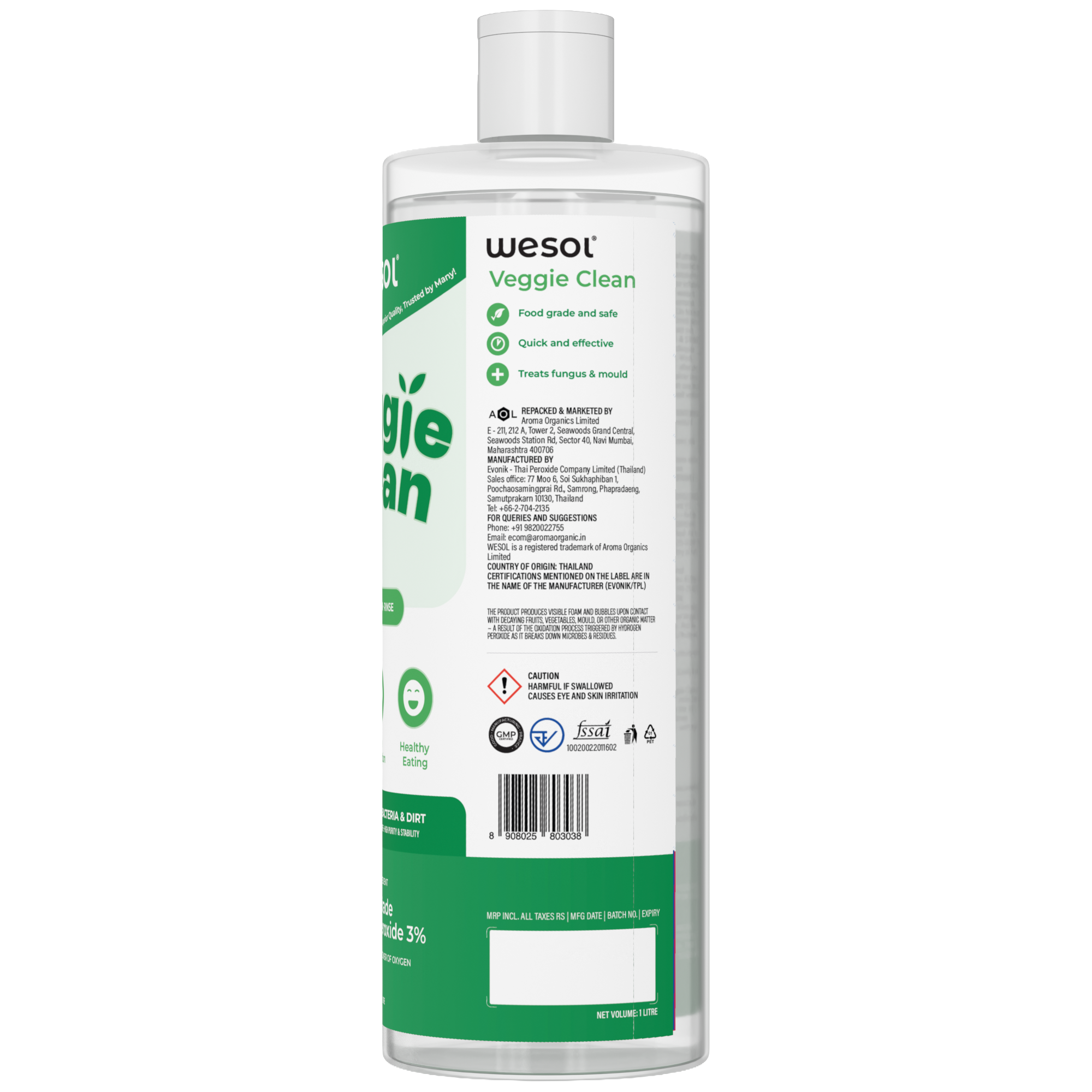 Wesol Veggie Clean Food Grade Hydrogen Peroxide 3% Vegetable and Fruit Wash Liquid, 1L, Surface Disinfectant, Eliminates Mould Bacteria and Dirt