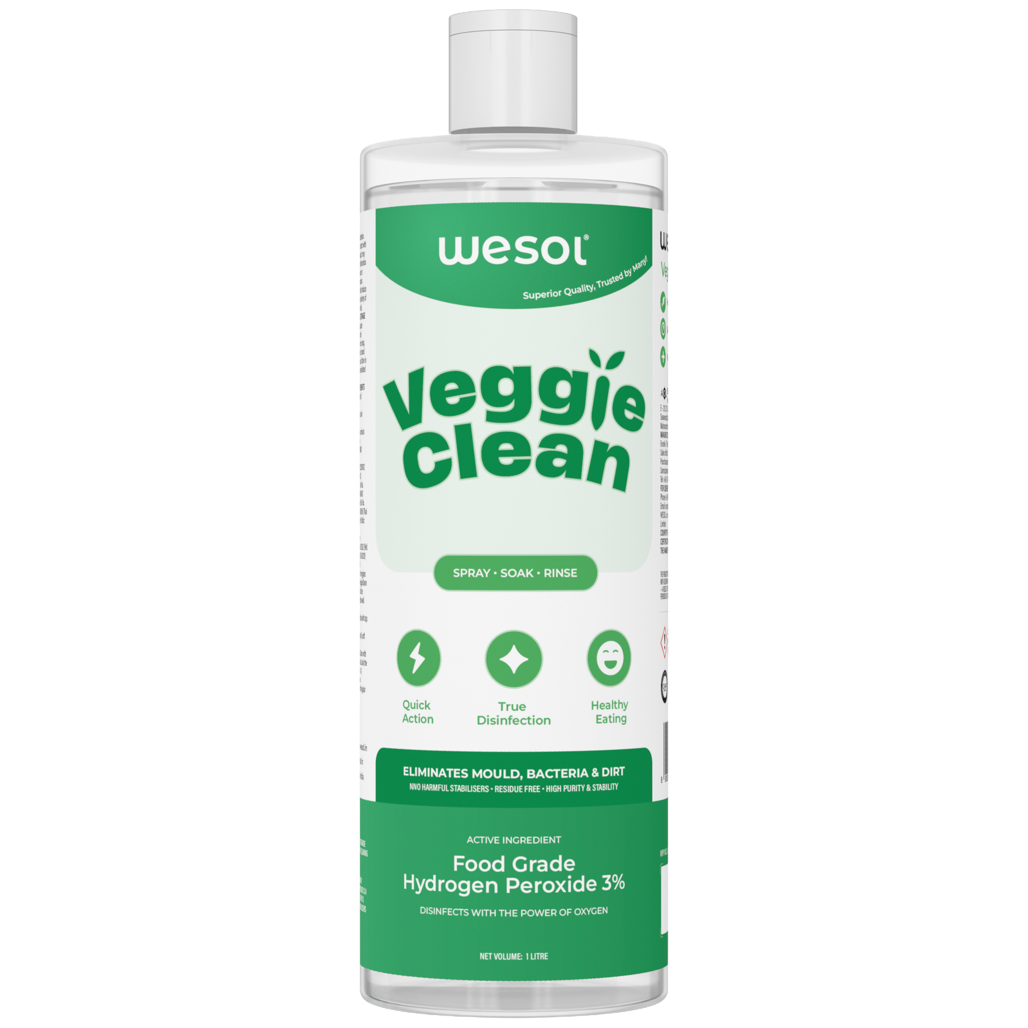 Wesol Veggie Clean Food Grade Hydrogen Peroxide 3% Vegetable and Fruit Wash Liquid, 1L, Surface Disinfectant, Eliminates Mould Bacteria and Dirt