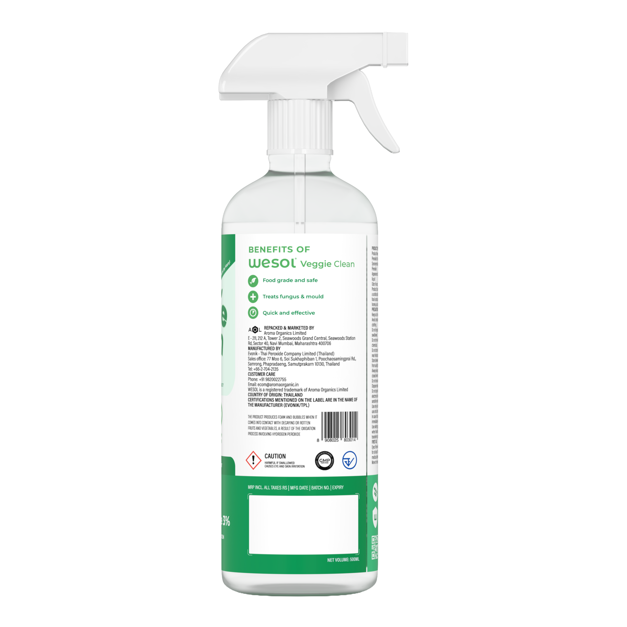 Wesol Vegetable Wash Liquid Hydrogen Peroxide 3% w/w Food Grade 500 ml Multi-Use Disinfectant | Kills 99.9% Germs & Viruses | Best For Cleaning, General Disinfection