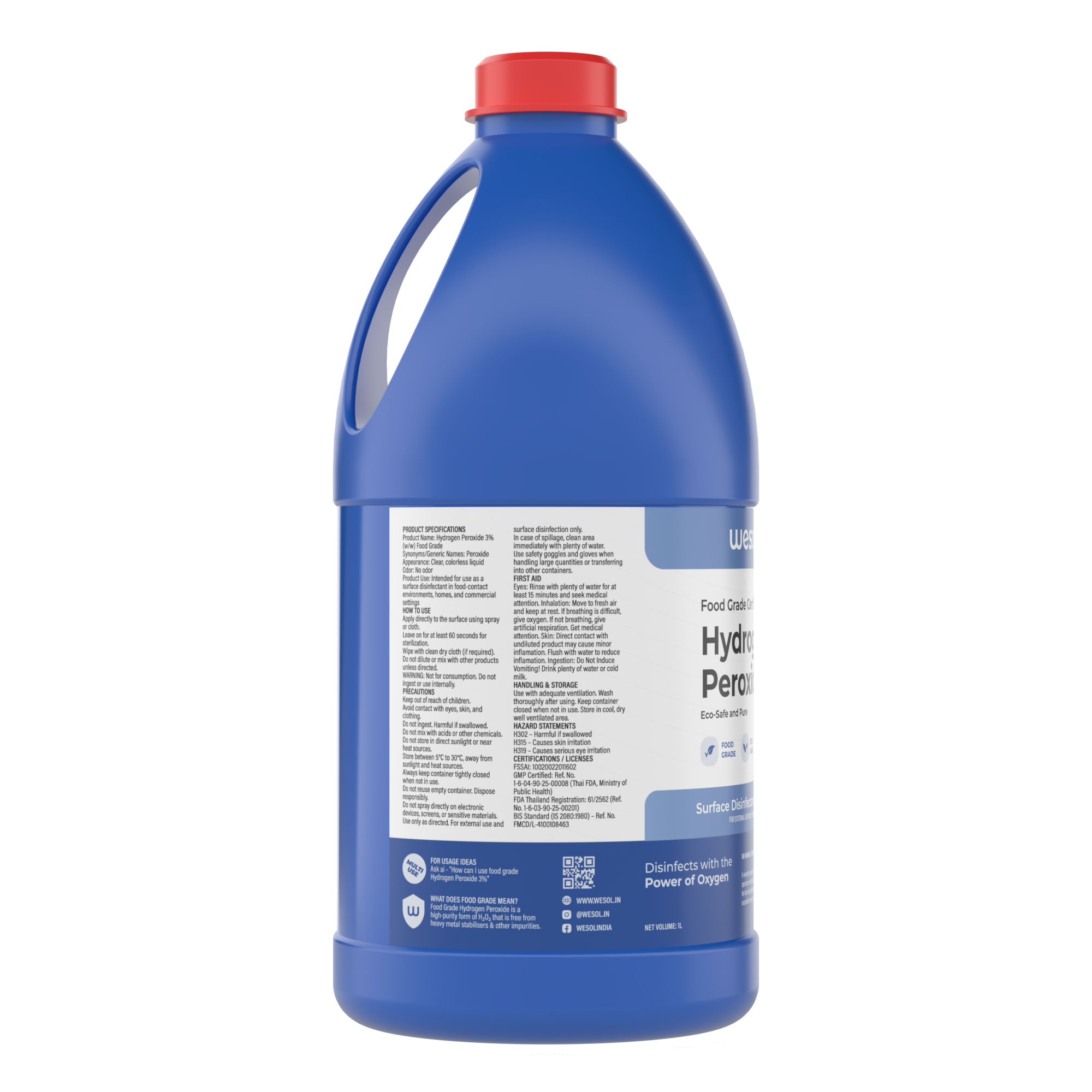 Wesol Hydrogen Peroxide 3% Food Grade | Multi-Use Disinfectant | Kills 99.9% Germs & Viruses | 1 Litre Pack - Best For Cleaning, General disinfection, Hydroponics, Food production units.