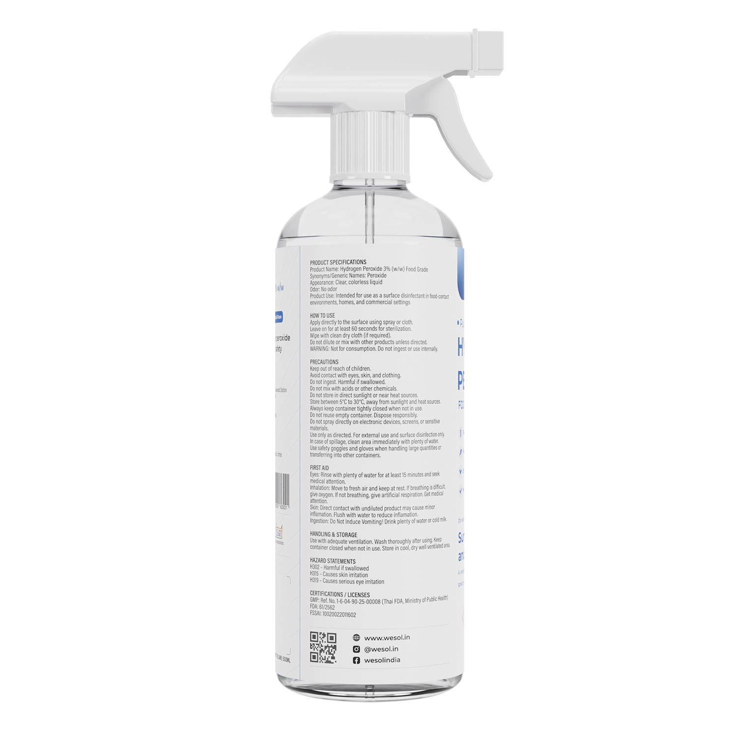Wesol Hydrogen Peroxide 3% Food Grade | Multi-Use Disinfectant | Kills 99.9% Germs & Viruses | 500ml Pack - Best For Cleaning, General disinfection, deodorising, Hydroponics, Food production
