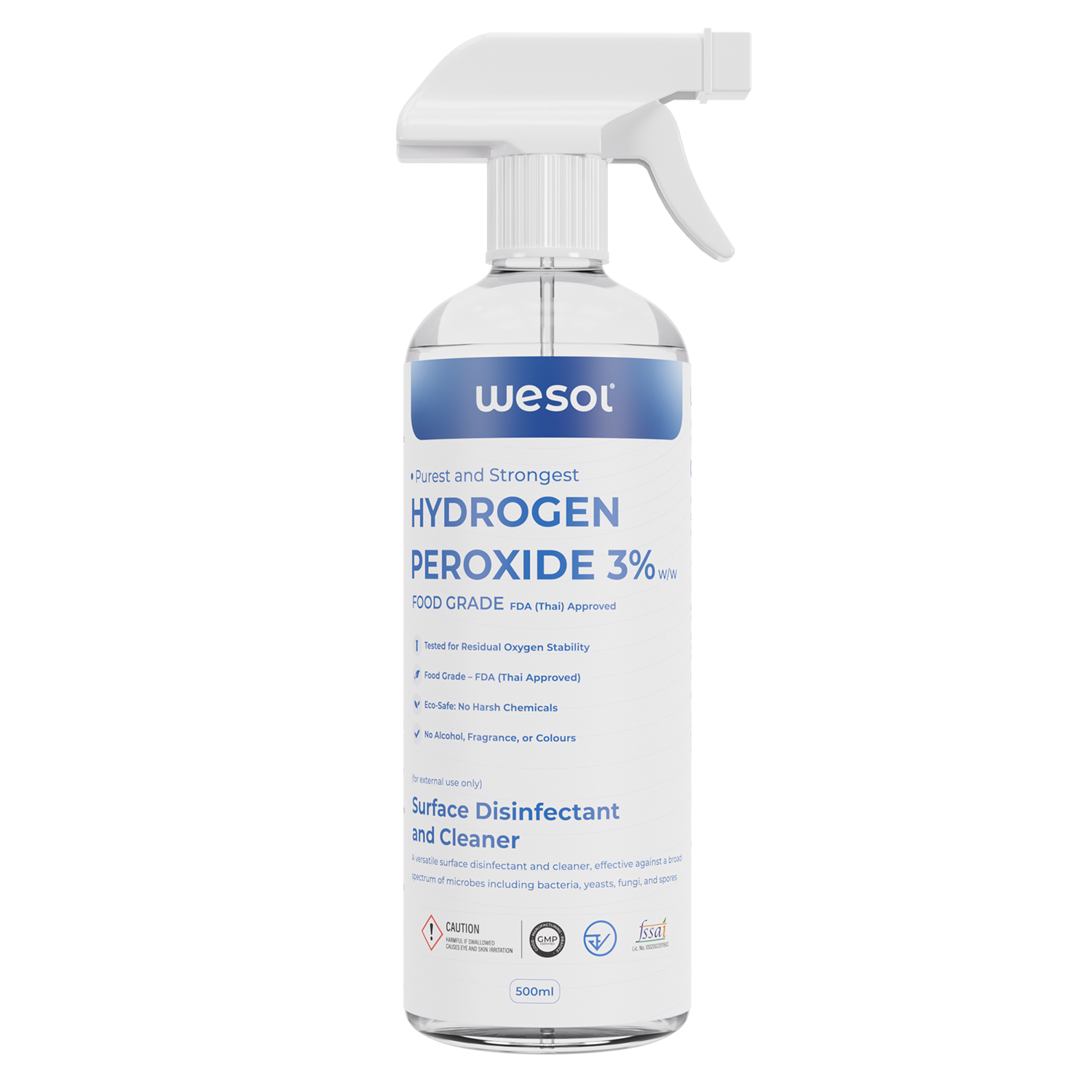 Wesol Hydrogen Peroxide 3% Food Grade | Multi-Use Disinfectant | Kills 99.9% Germs & Viruses | 500ml Pack - Best For Cleaning, General disinfection, deodorising, Hydroponics, Food production