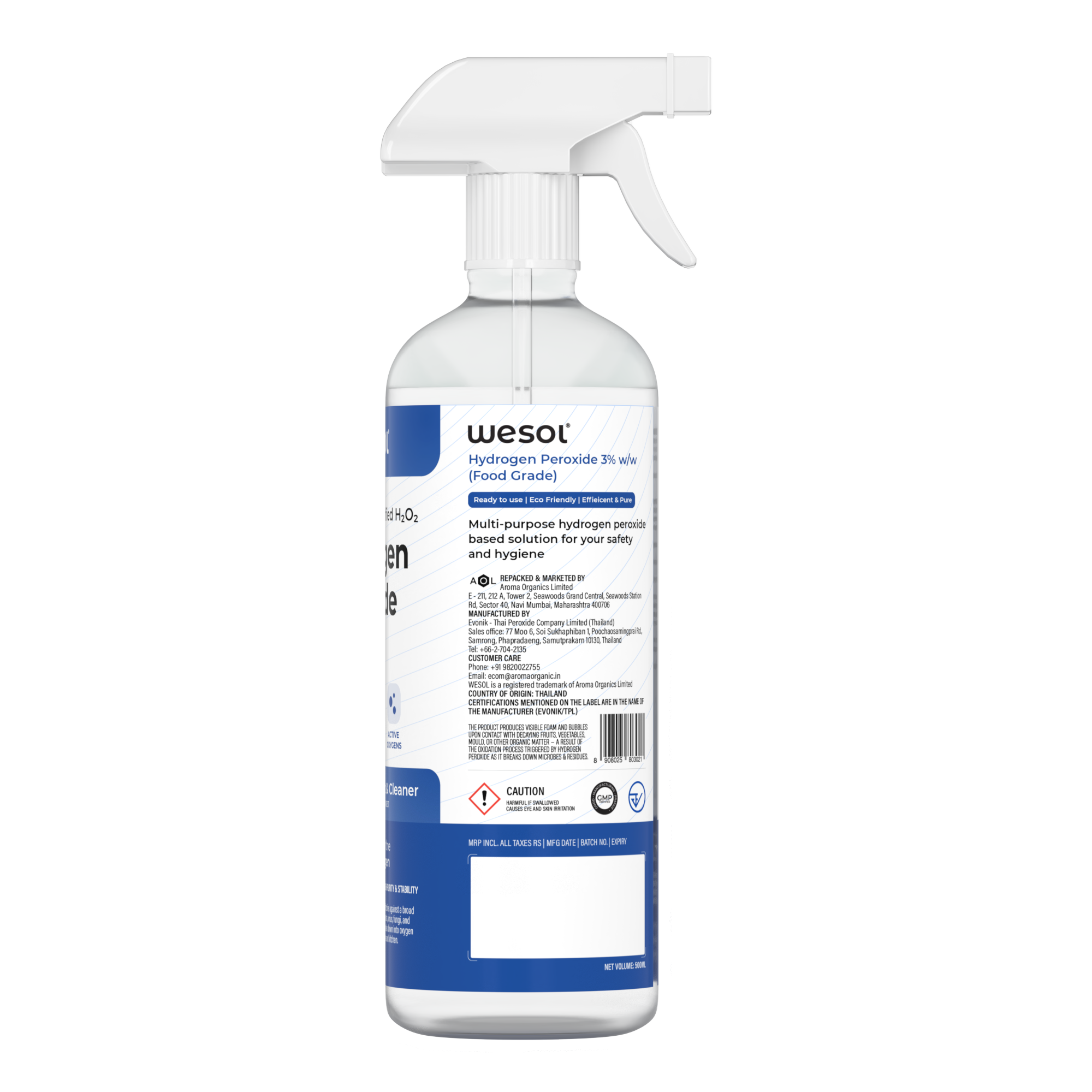 Wesol Hydrogen Peroxide 3% Food Grade | Multi-Use Disinfectant | Kills 99.9% Germs & Viruses | 500ml Pack - Best For Cleaning, General disinfection, deodorising, Hydroponics, Food production