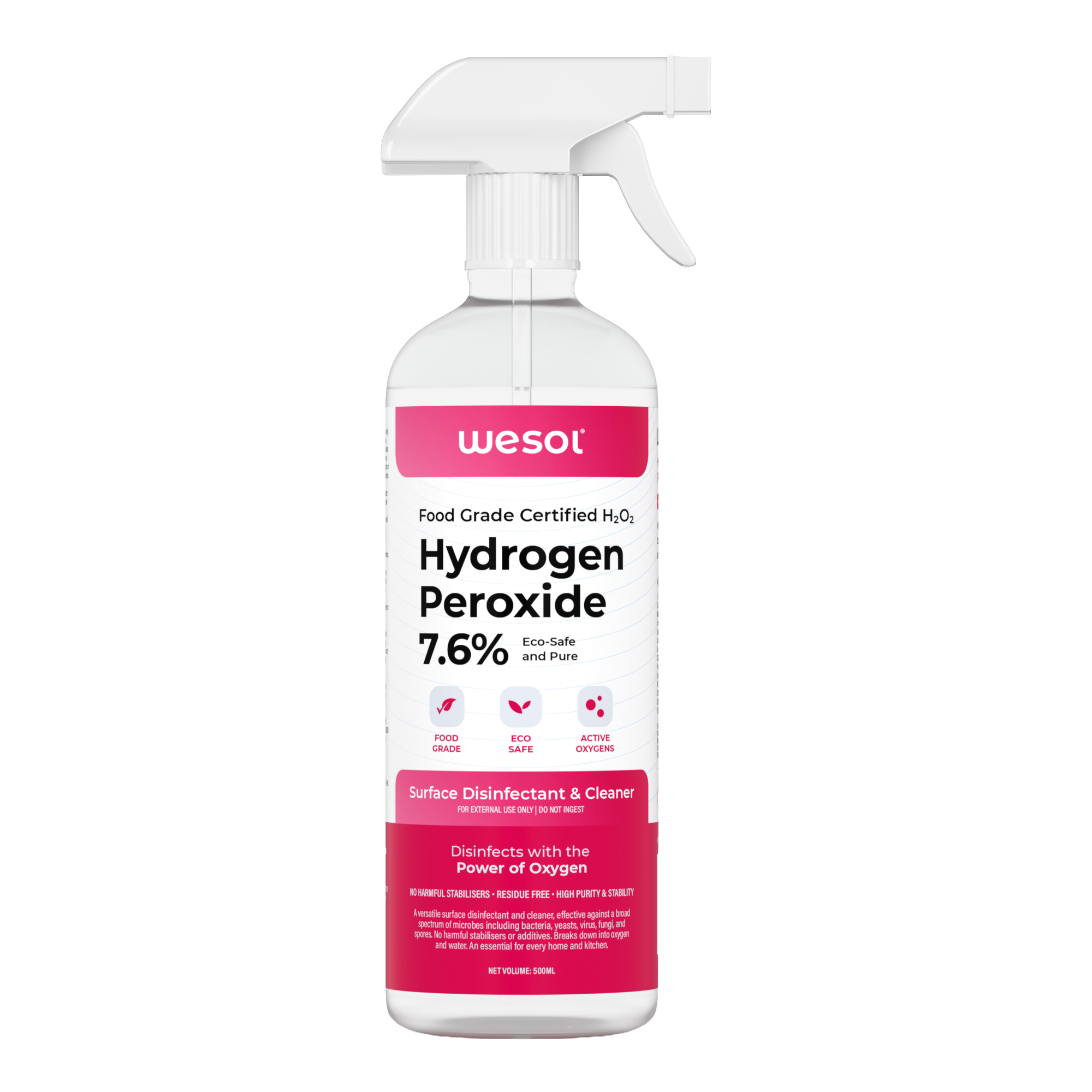 Wesol Hydrogen Peroxide 7.6% Food Grade Surface Disinfectant and Cleaner, 500ml Spray Bottle, Multipurpose Solution for Cleaning, Sterilisation, Farming, Gardening, Hydroponics Microgreens