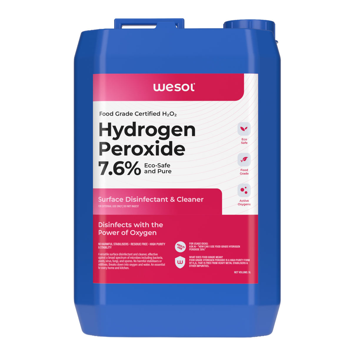Wesol Hydrogen Peroxide 7.6% w/w (Food Grade) Floor Cleaner Solution | Best For Cleaning disinfection sterilization | Farming Gardening Hydroponics