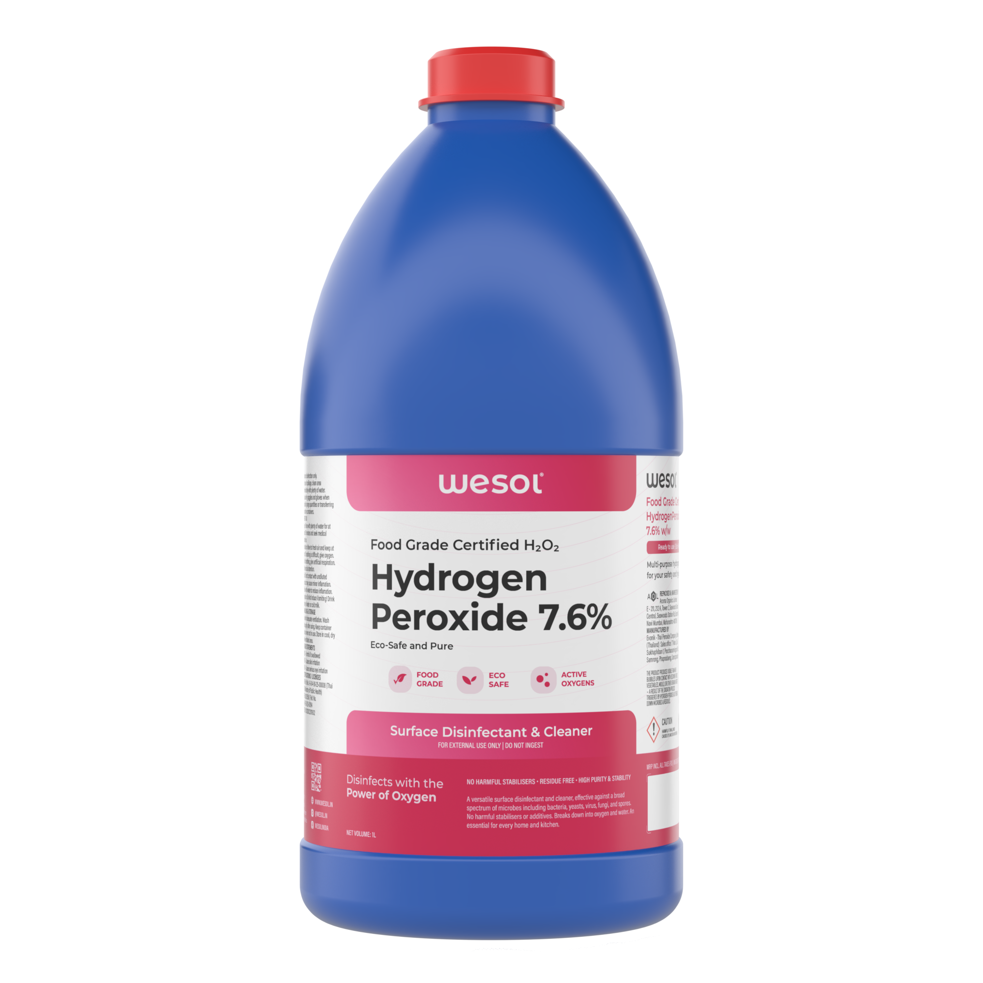 Wesol Hydrogen Peroxide 7.6% w/w (Food Grade) Floor Cleaner Solution 1 Litre | Best For Cleaning disinfection sterilization | Farming Gardening Hydroponics