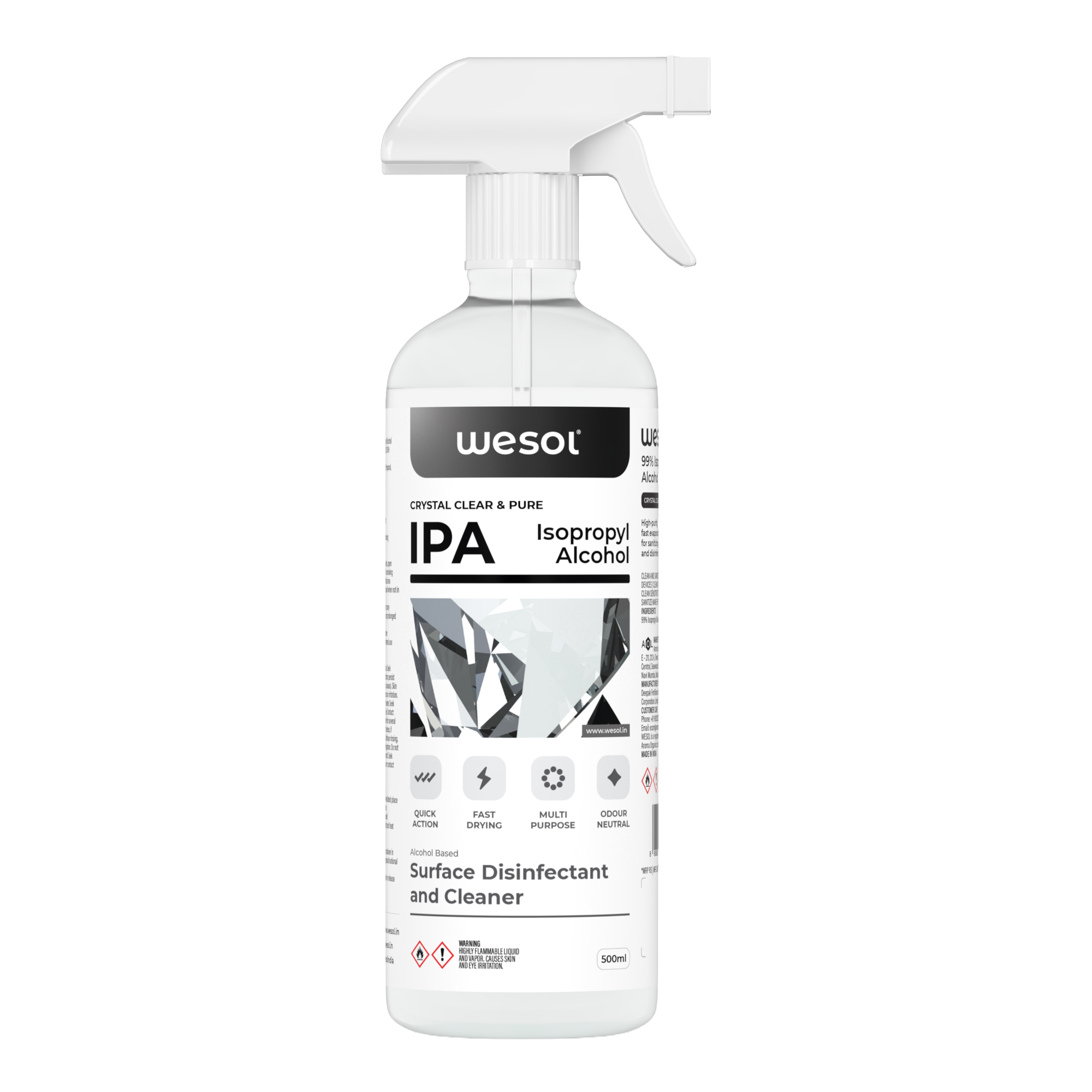 Wesol IPA Isopropyl alcohol 99.9% | (CH3)2-CH-OH CAS: 67-63-0 | Premium Grade Pure without mixing | For Technical Use | 500ml Pack of 2