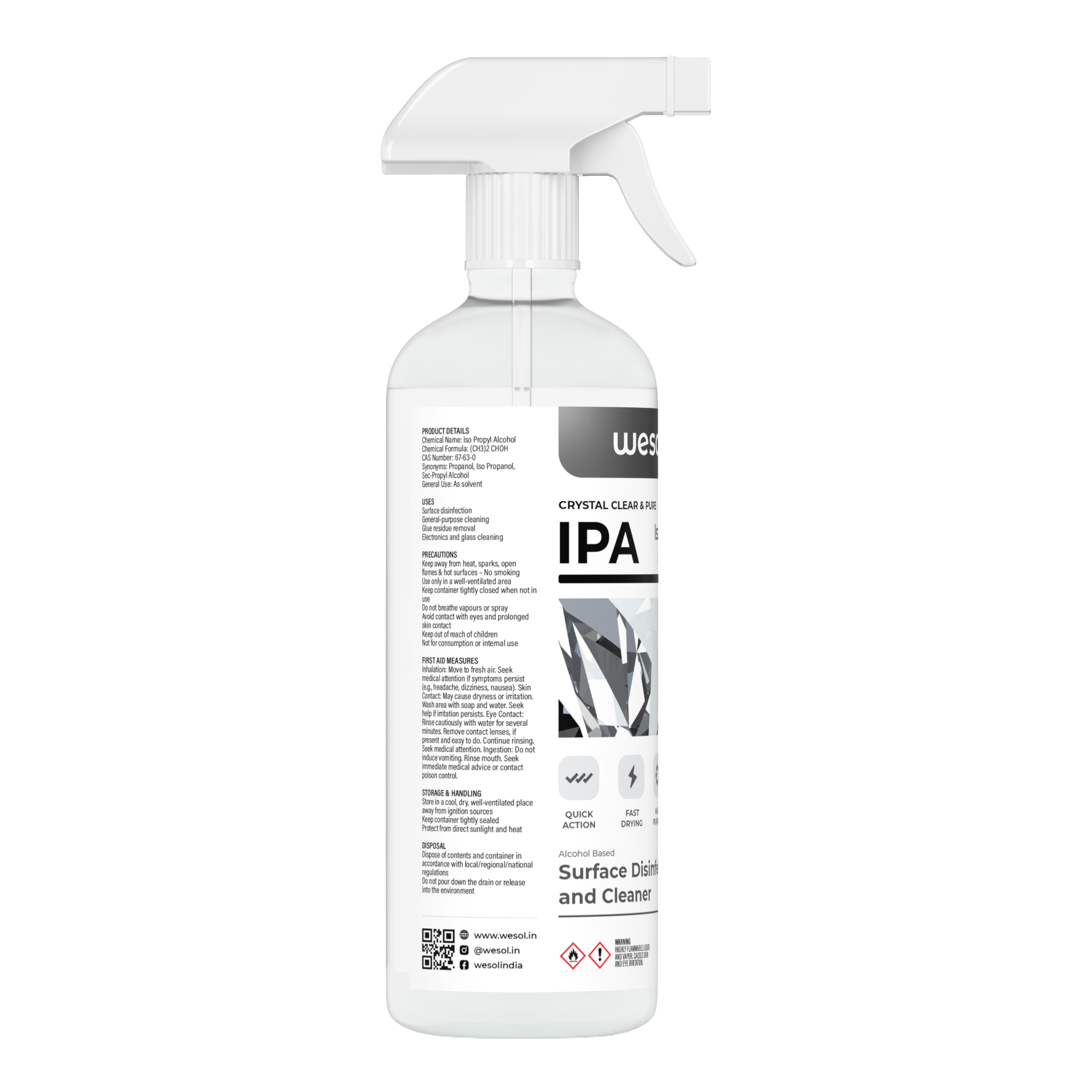 Wesol IPA Isopropyl alcohol 99.9% | (CH3)2-CH-OH CAS: 67-63-0 | Premium Grade Pure without mixing | For Technical Use | 500ml Pack of 2