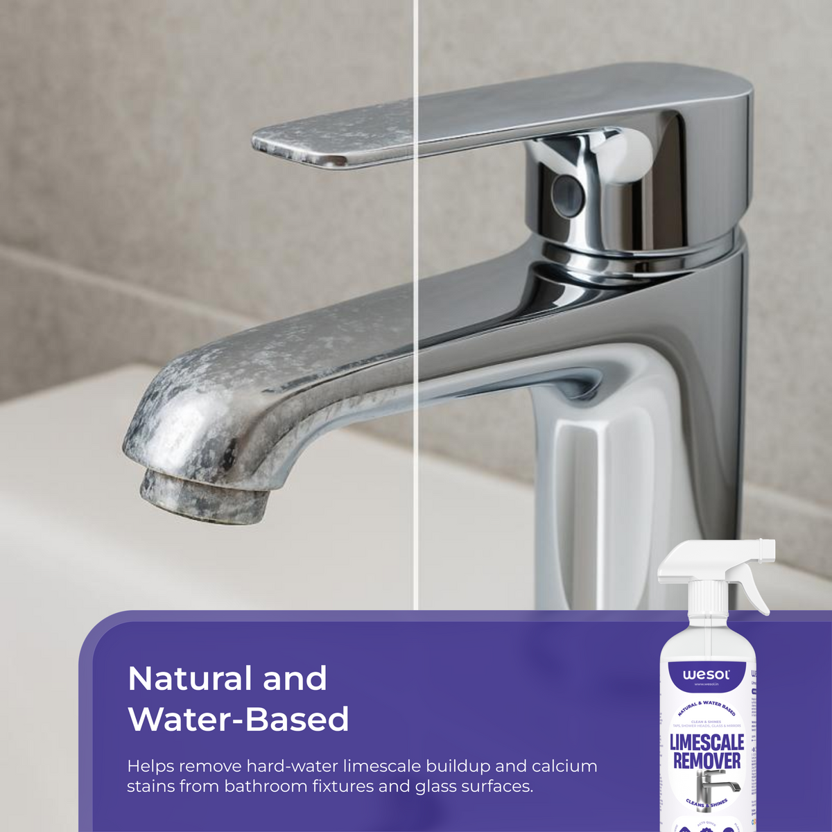 Wesol Limescale Remover 500ml | Natural & Water-Based Cleaning Solution | Best for Taps, Showerheads, Glass & Mirrors | Removes Limescale & Mineral Deposits | Cleans & Shines