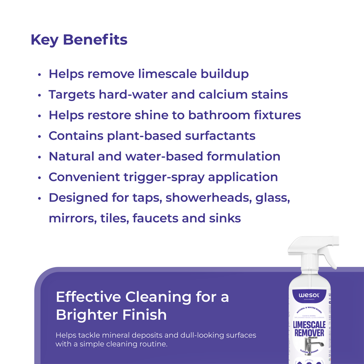 Wesol Limescale Remover 500ml | Natural & Water-Based Cleaning Solution | Best for Taps, Showerheads, Glass & Mirrors | Removes Limescale & Mineral Deposits | Cleans & Shines