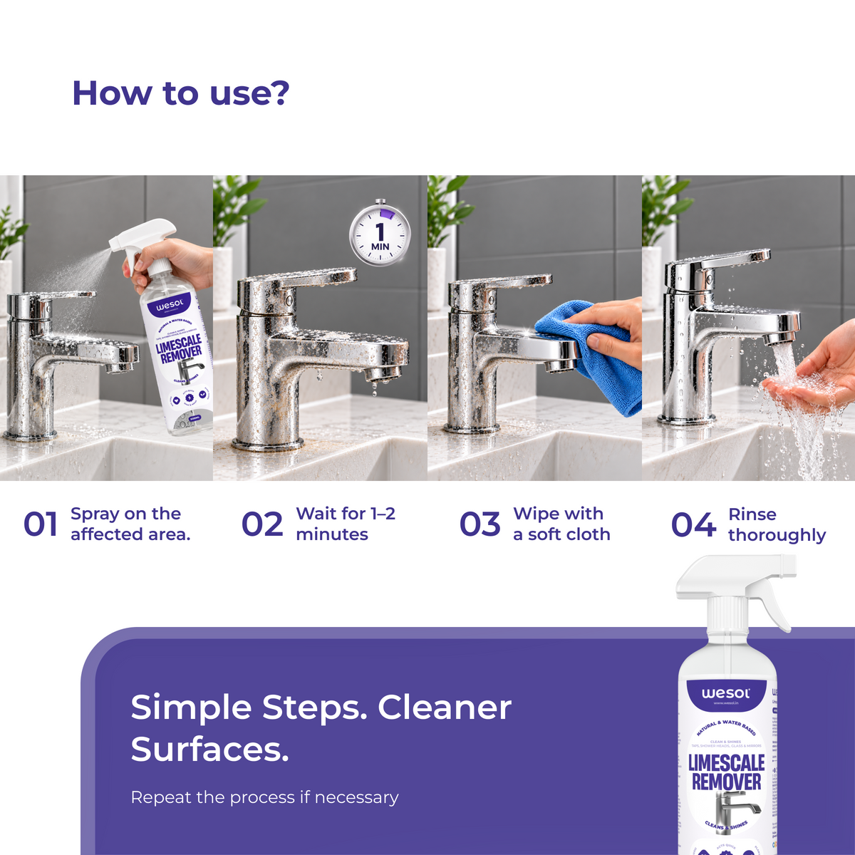 Wesol Limescale Remover 500ml | Natural & Water-Based Cleaning Solution | Best for Taps, Showerheads, Glass & Mirrors | Removes Limescale & Mineral Deposits | Cleans & Shines