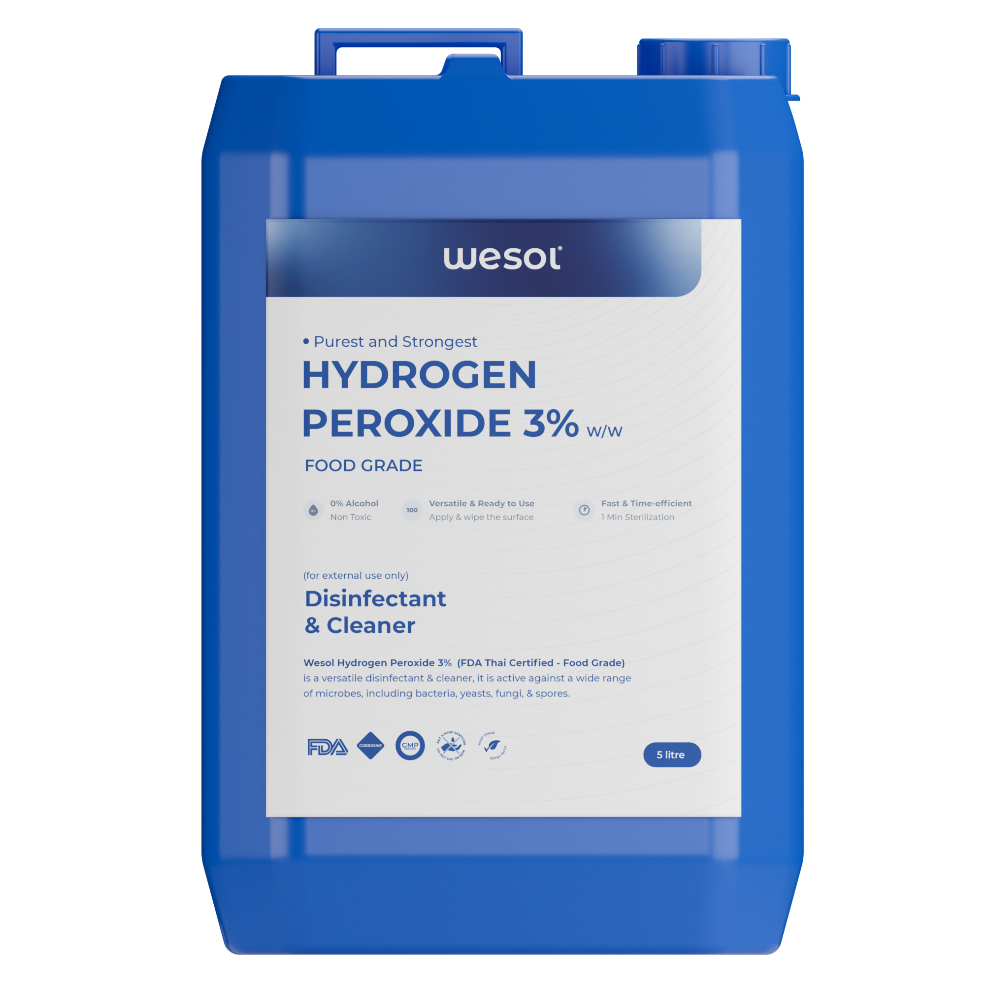 Wesol Hydrogen Peroxide 3% Food Grade | Multi-Use Disinfectant | Kills 99.9% Germs & Viruses | 5 Litre Pack - Best For Cleaning, General disinfection, deodorising, Hydroponics, Food production