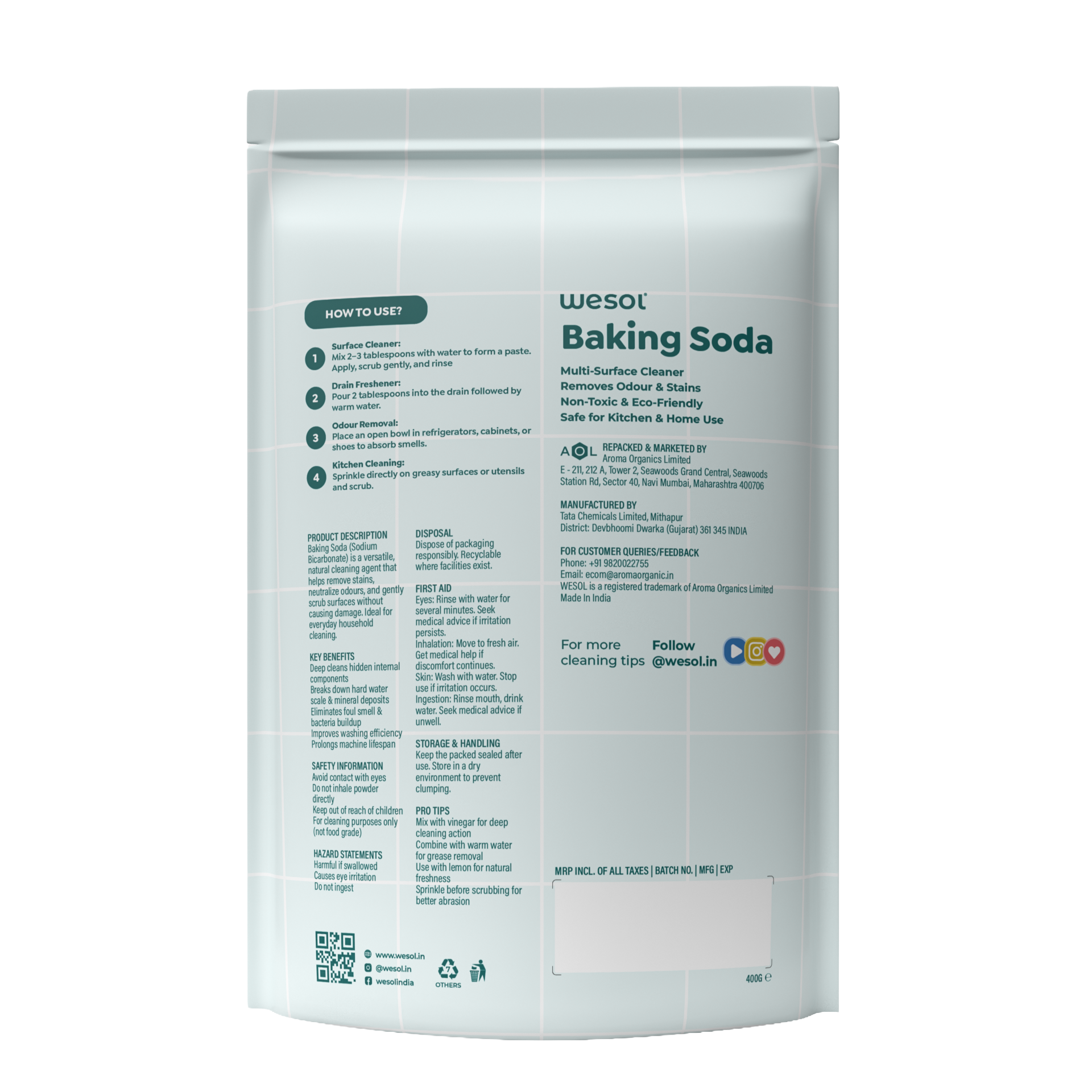 Wesol Baking Soda for Cleaning 400g – Multi-Purpose Cleaning Grade Powder | Removes Odor, Grease & Stains | Eco-Friendly Surface Cleaner for Kitchen, Bathroom, Laundry | Non-Toxic |