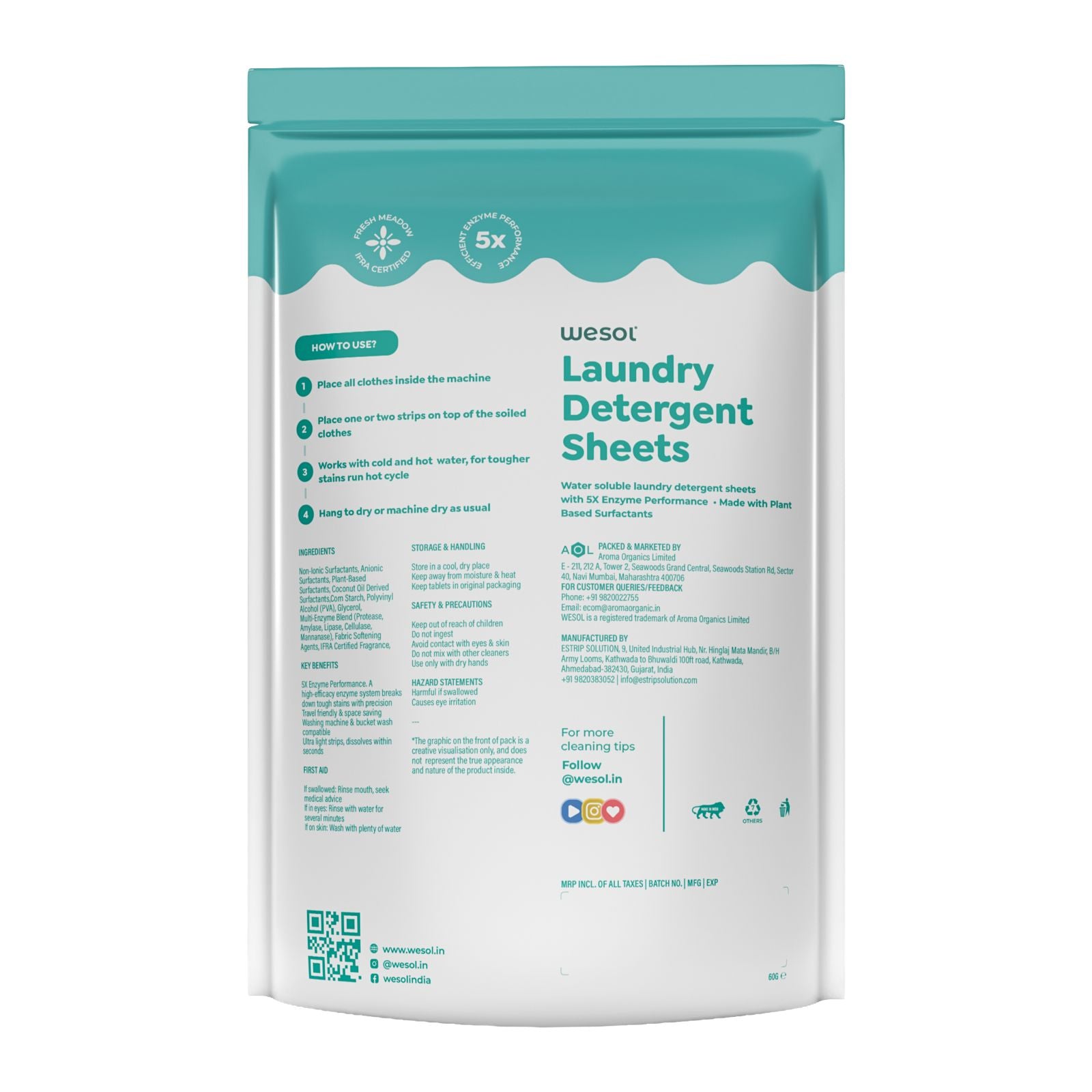 Wesol Laundry Detergent Sheets – 15 Sheets (30 Strips) | 1 Sheet = 2 Strips | Up to 30 Loads | Water-Soluble Laundry Detergent | Suitable for Top Load, Front Load & Bucket Wash