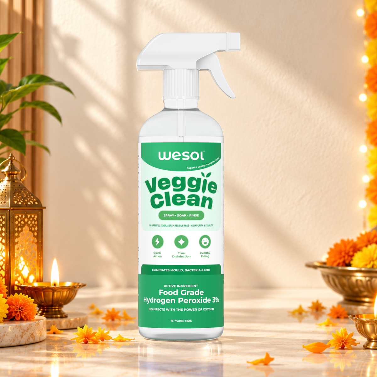 Wesol Vegetable Wash Liquid Hydrogen Peroxide 3% w/w Food Grade 500 ml Multi-Use Disinfectant | Kills 99.9% Germs & Viruses | Best For Cleaning, General Disinfection