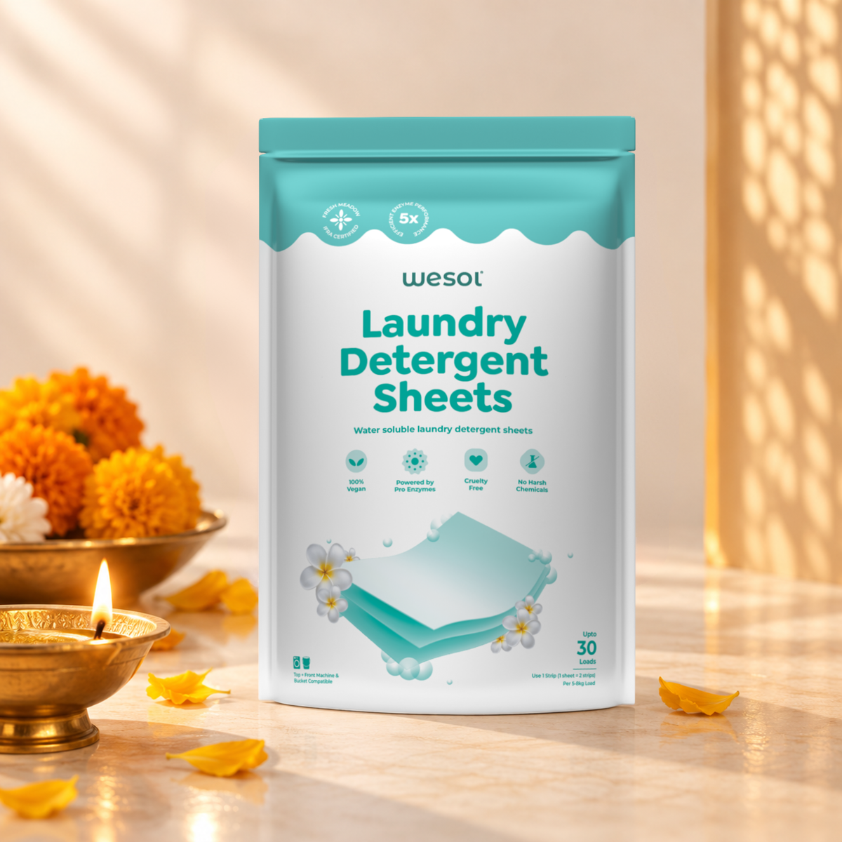 Wesol Laundry Detergent Sheets 30 Strips | Up to 30 Loads | Water-Soluble Laundry Detergent | Suitable for Top Load, Front Load & Bucket Wash