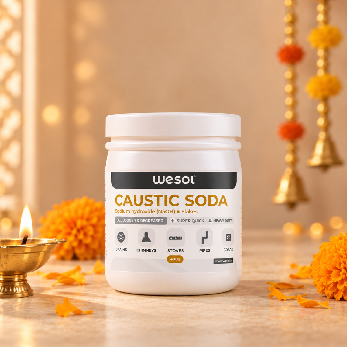 Wesol Caustic Soda Flakes, 400g, Heavy Duty Declogger and Degreaser for Drains, Chimneys, Stoves, Pipes and Soap Making