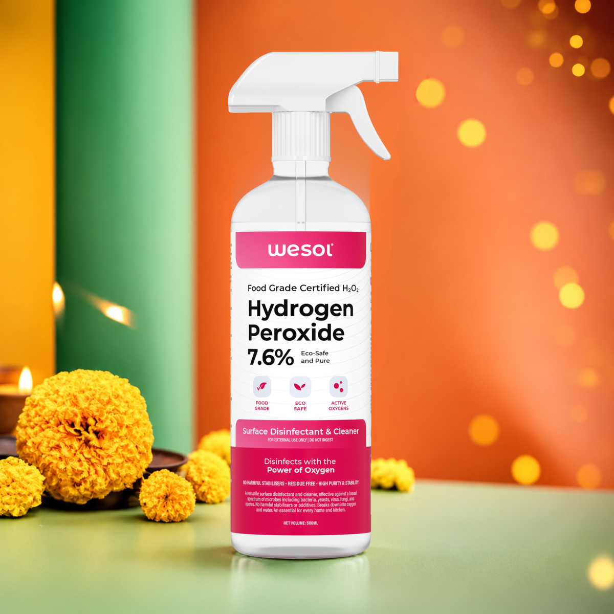 Wesol Hydrogen Peroxide 7.6% Food Grade Surface Disinfectant and Cleaner, 500ml Spray Bottle, Multipurpose Solution for Cleaning, Sterilisation, Farming, Gardening, Hydroponics Microgreens