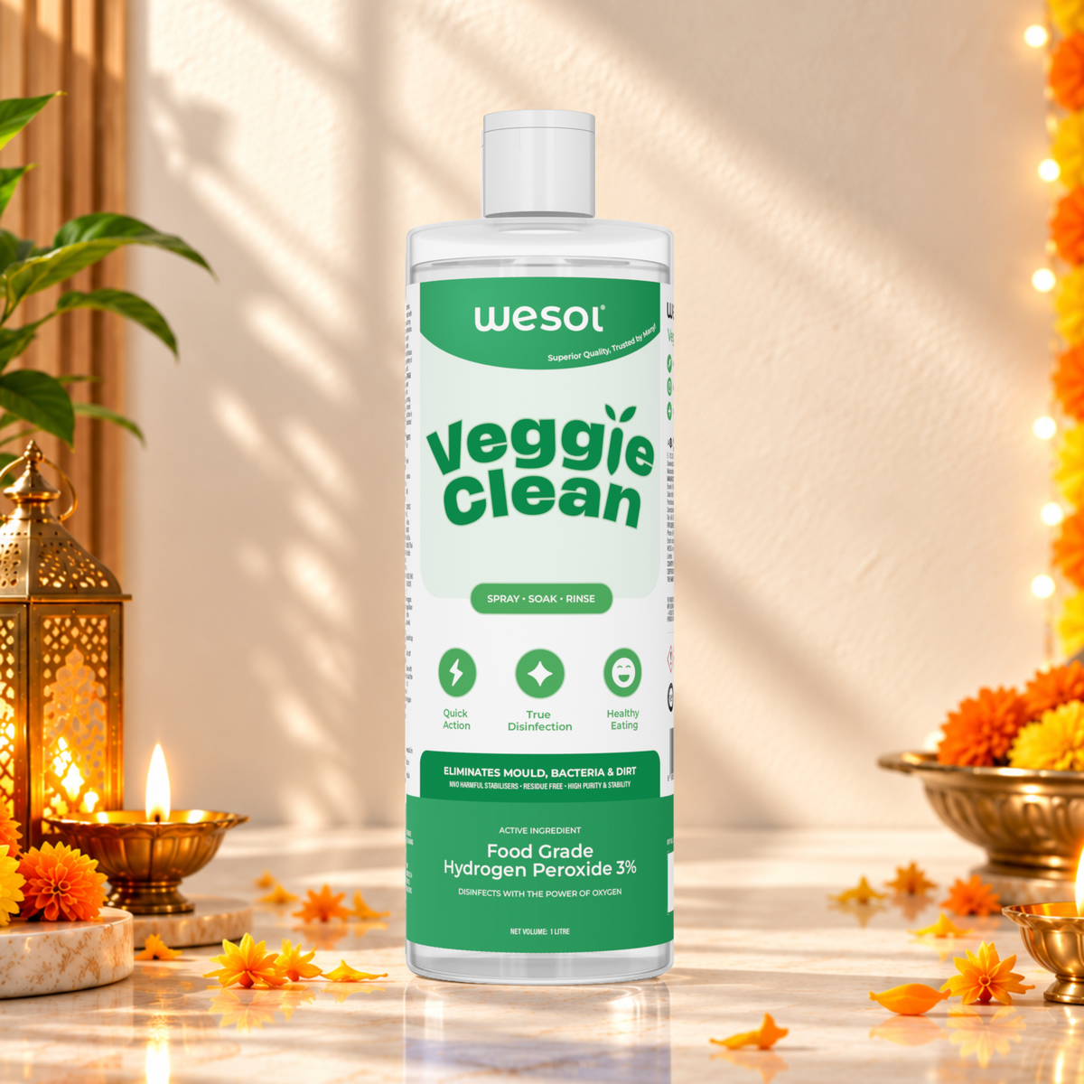 Wesol Veggie Clean Food Grade Hydrogen Peroxide 3% Vegetable and Fruit Wash Liquid, 1L, Surface Disinfectant, Eliminates Mould Bacteria and Dirt