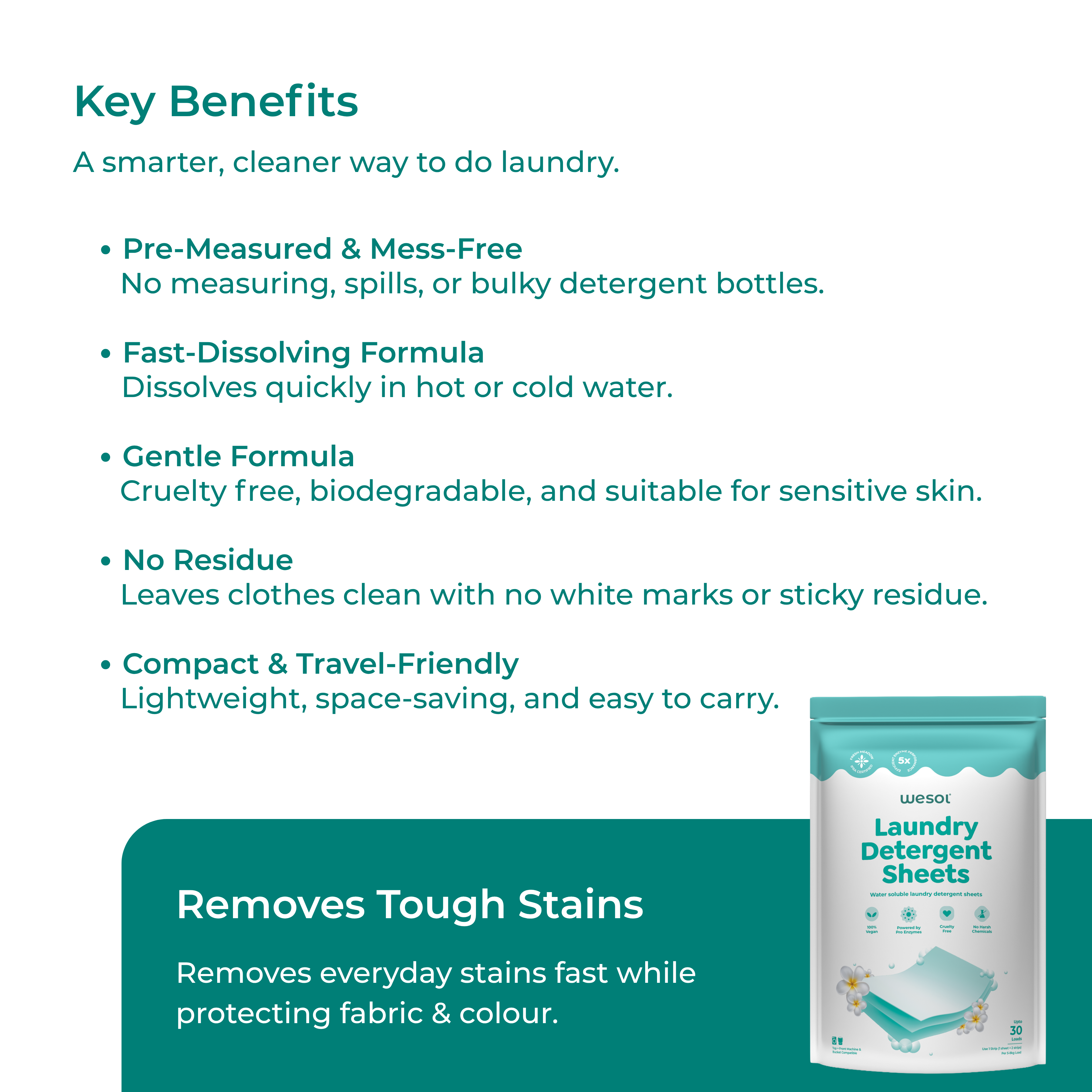 Wesol Laundry Detergent Sheets 30 Strips | Up to 30 Loads | Water-Soluble Laundry Detergent | Suitable for Top Load, Front Load & Bucket Wash