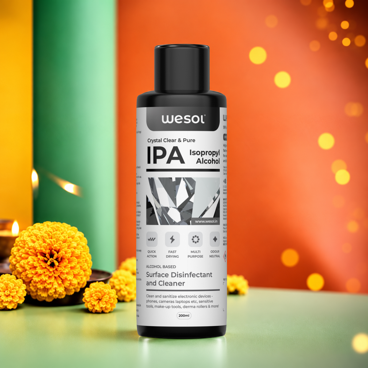 Wesol IPA Isopropyl Alcohol 99.9% Surface Disinfectant and Cleaner, 200ml, Multi-Purpose for Electronics, Makeup Tools, Derma Rollers