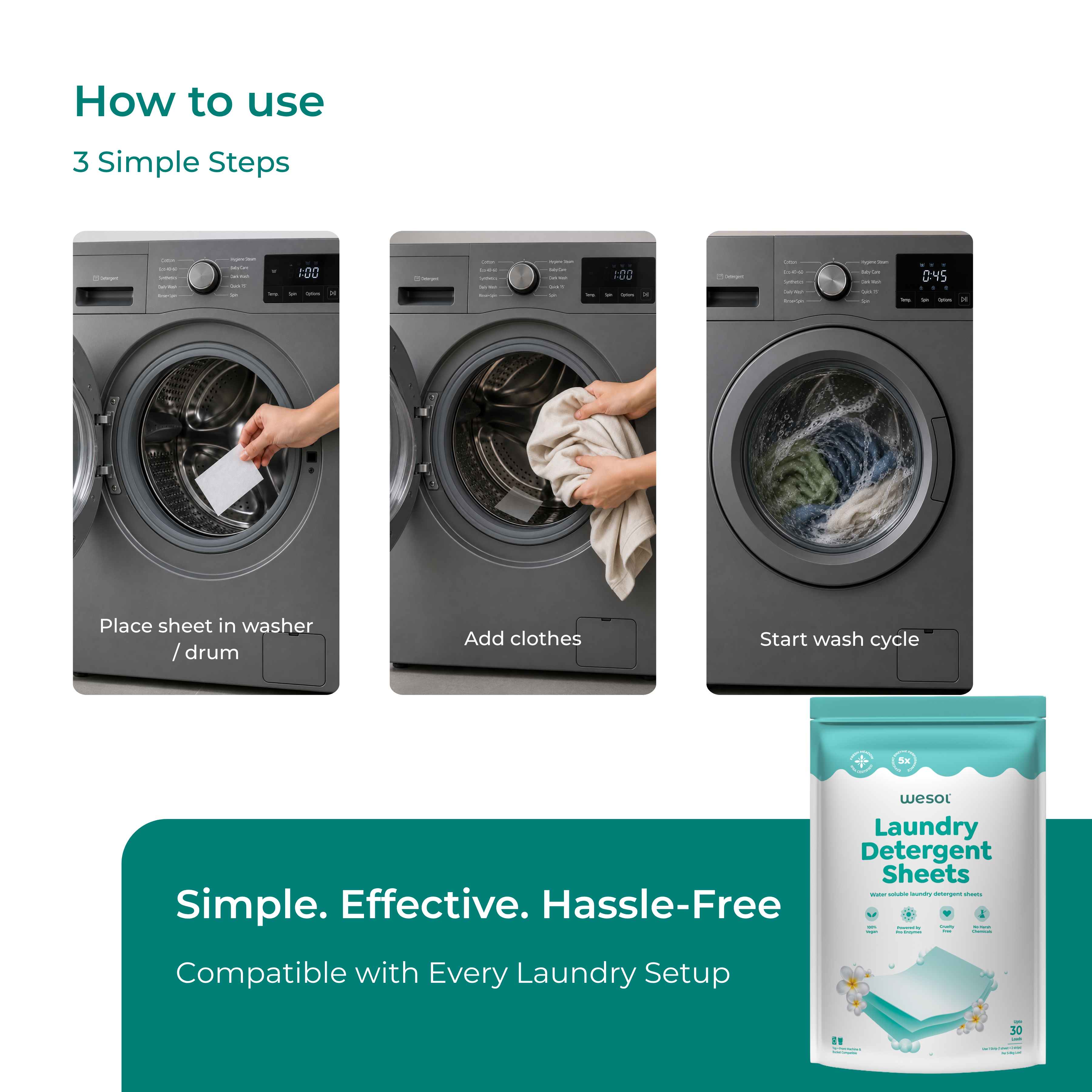 Wesol Laundry Detergent Sheets – 15 Sheets (30 Strips) | 1 Sheet = 2 Strips | Up to 30 Loads | Water-Soluble Laundry Detergent | Suitable for Top Load, Front Load & Bucket Wash