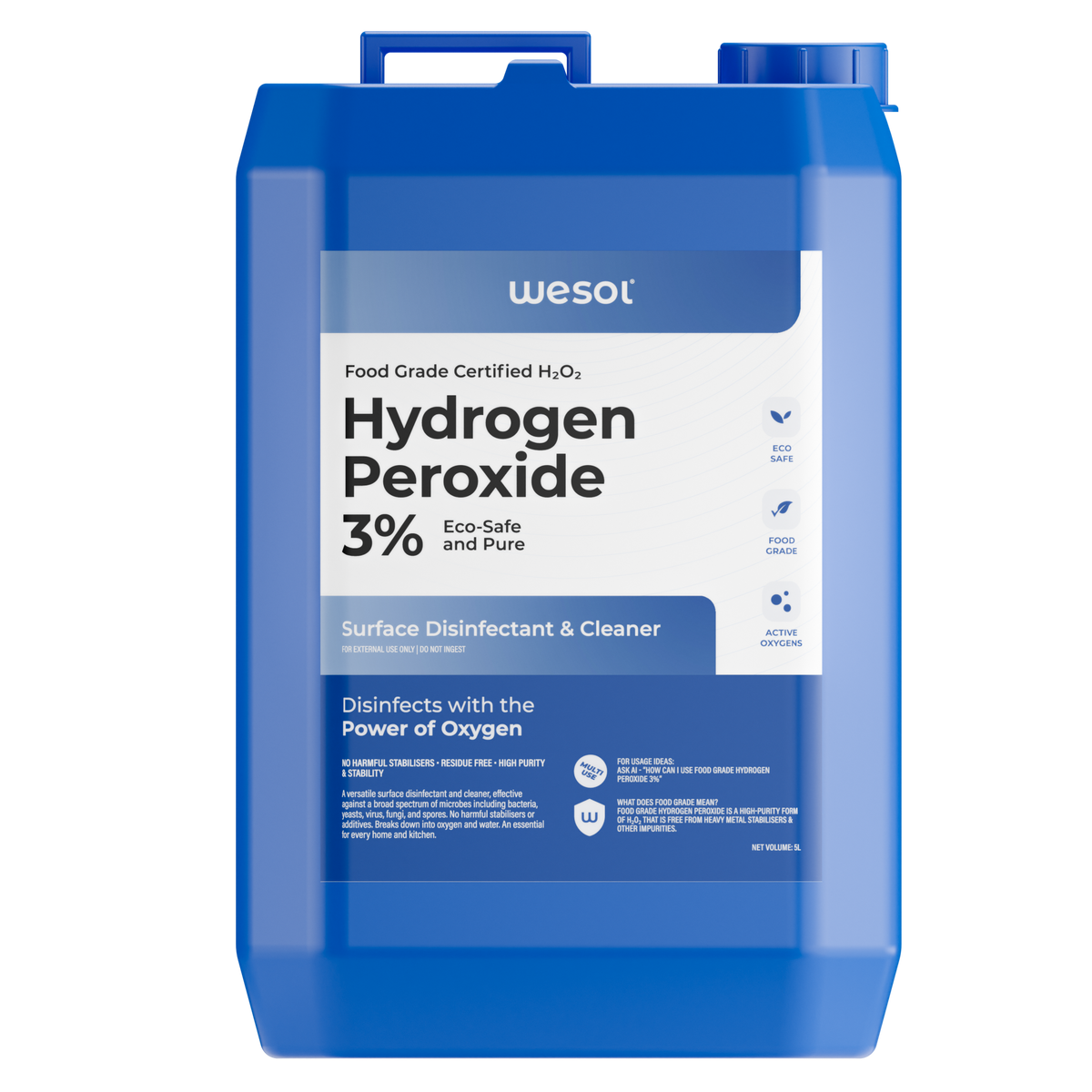 Wesol Hydrogen Peroxide 3% Food Grade | Multi-Use Disinfectant | Kills 99.9% Germs & Viruses | 5 Litre Pack - Best For Cleaning, General disinfection, deodorising, Hydroponics, Food production