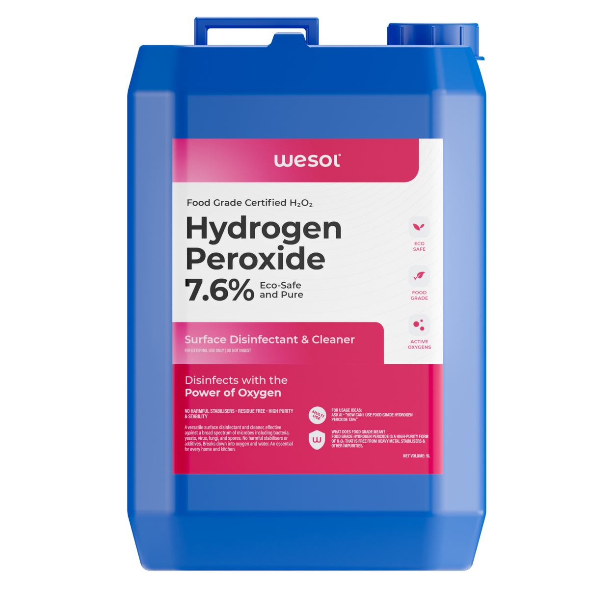 Wesol Hydrogen Peroxide 7.6% w/w (Food Grade) Floor Cleaner Solution | Best For Cleaning disinfection sterilization | Farming Gardening Hydroponics