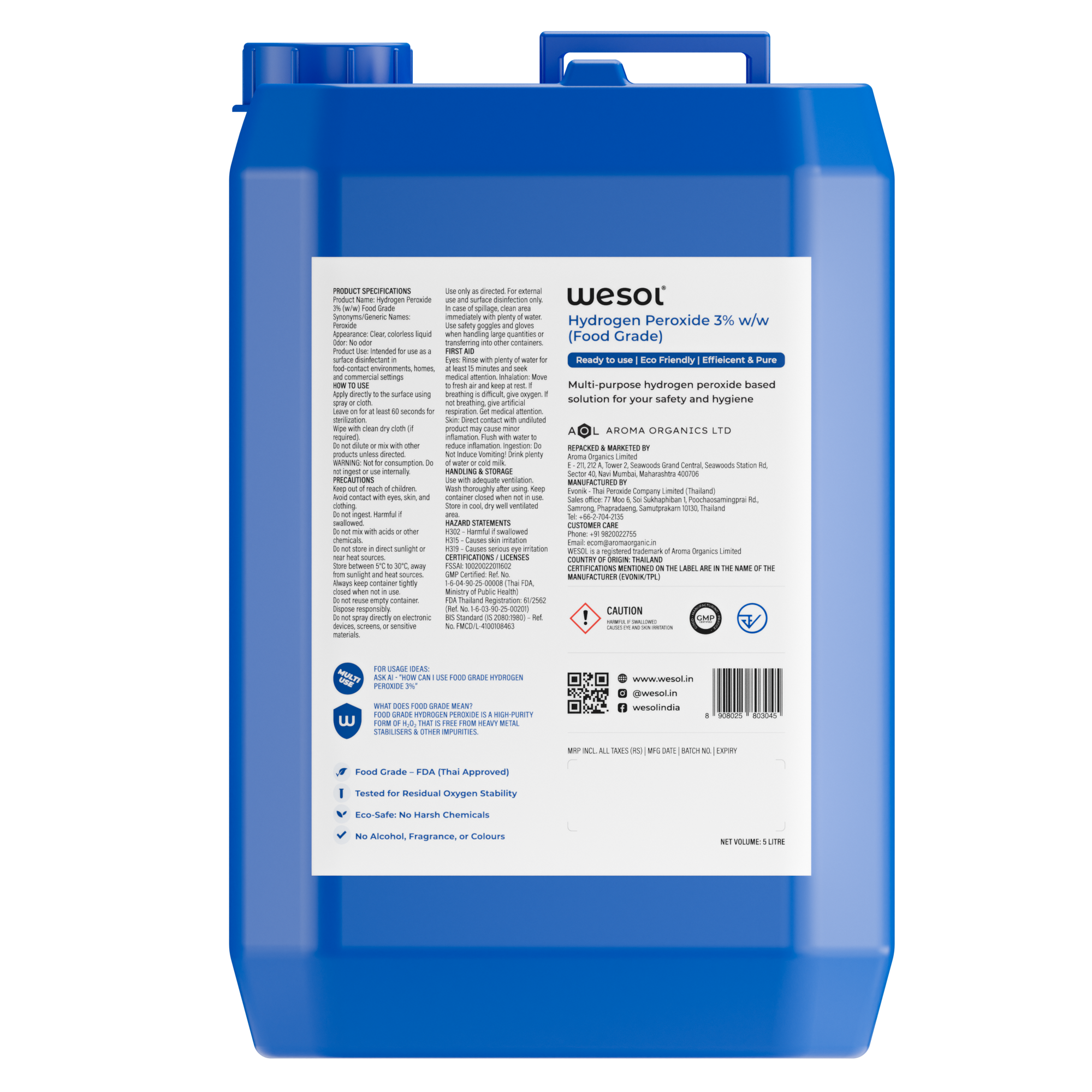 Wesol Hydrogen Peroxide 3% Food Grade | Multi-Use Disinfectant | Kills 99.9% Germs & Viruses | 5 Litre Pack - Best For Cleaning, General disinfection, deodorising, Hydroponics, Food production