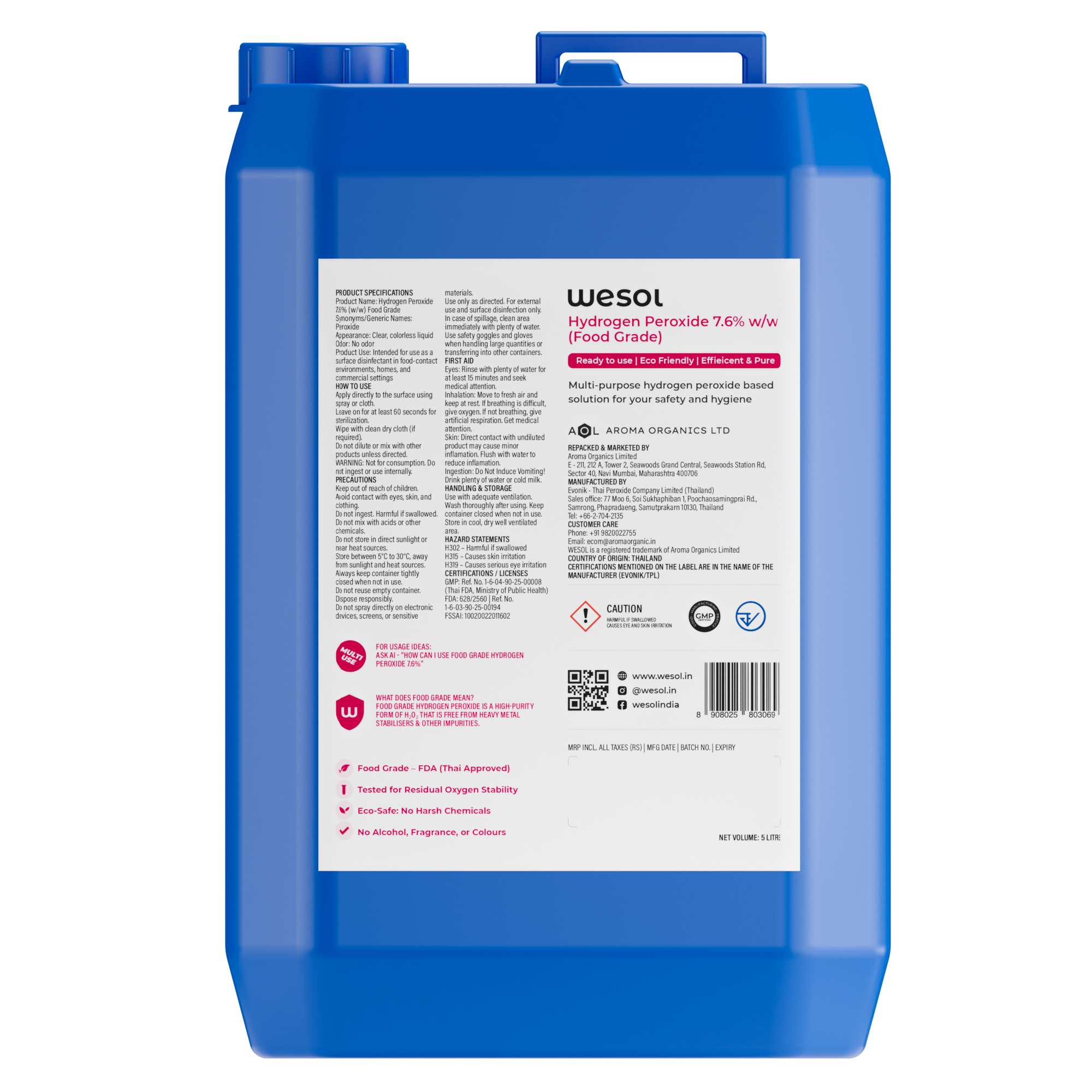 Wesol Hydrogen Peroxide 7.6% w/w (Food Grade) Floor Cleaner Solution | Best For Cleaning disinfection sterilization | Farming Gardening Hydroponics