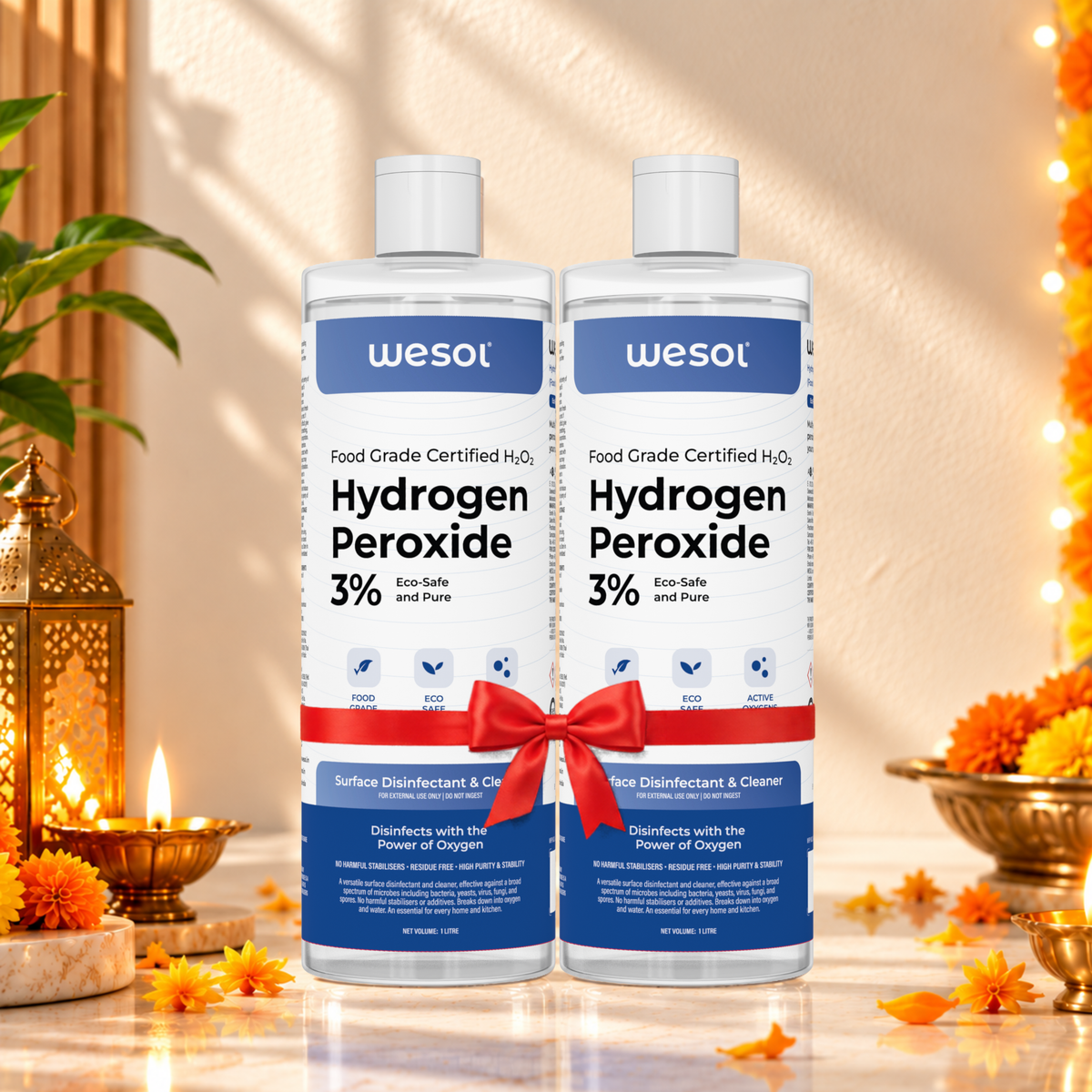 Wesol Hydrogen Peroxide 3% Food Grade Multi-Use Disinfectant |Kills 99.9% Germs & Viruses | 1 Litre (Pack of 2)-Best For Cleaning, General disinfection, deodorising, Hydroponics, Food production unit