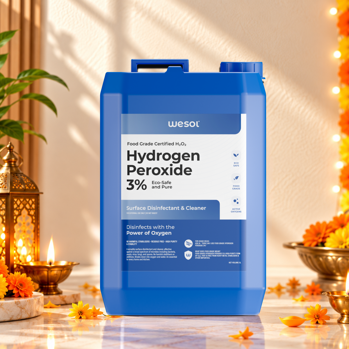 Wesol Hydrogen Peroxide 3% Food Grade | Multi-Use Disinfectant | Kills 99.9% Germs & Viruses | 5 Litre Pack - Best For Cleaning, General disinfection, deodorising, Hydroponics, Food production