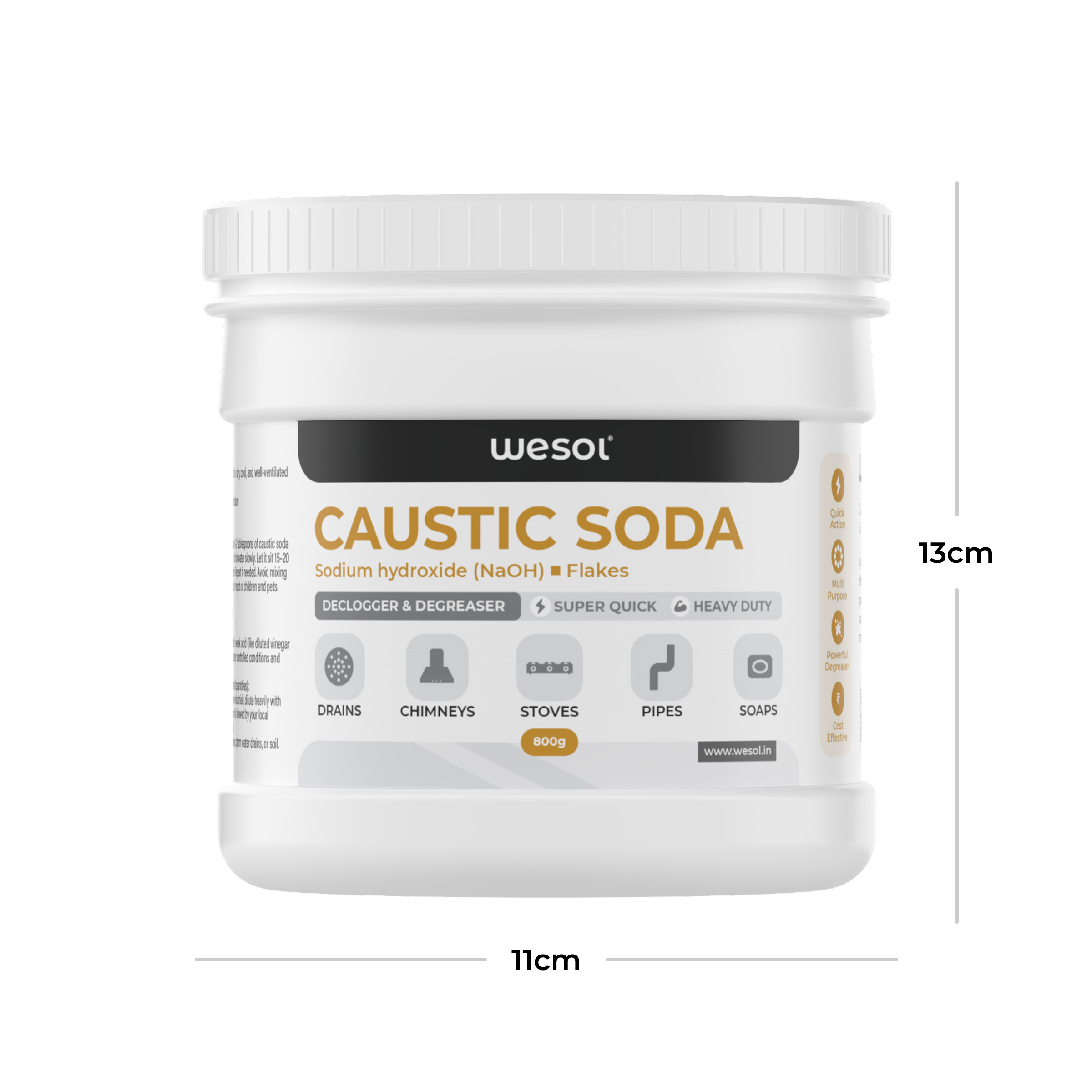 Wesol Caustic Soda Flakes, 800g, Multi-Purpose Declogger and Degreaser for Drains, Chimneys, Stoves, Pipes and Soap Making