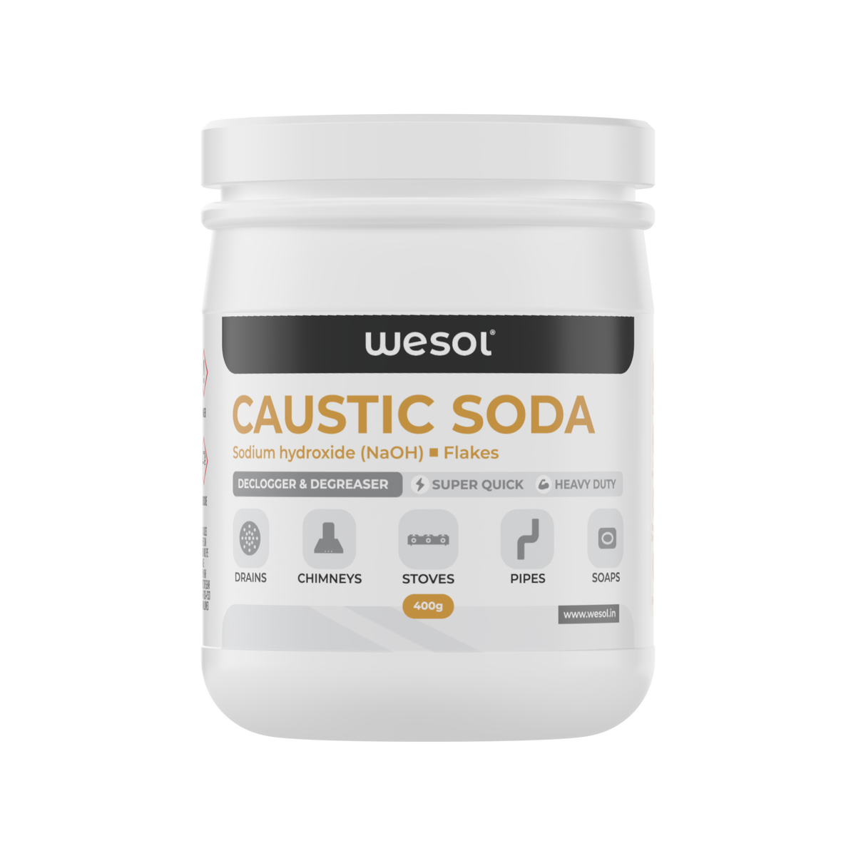Wesol Caustic Soda Flakes, 400g, Heavy Duty Declogger and Degreaser for Drains, Chimneys, Stoves, Pipes and Soap Making