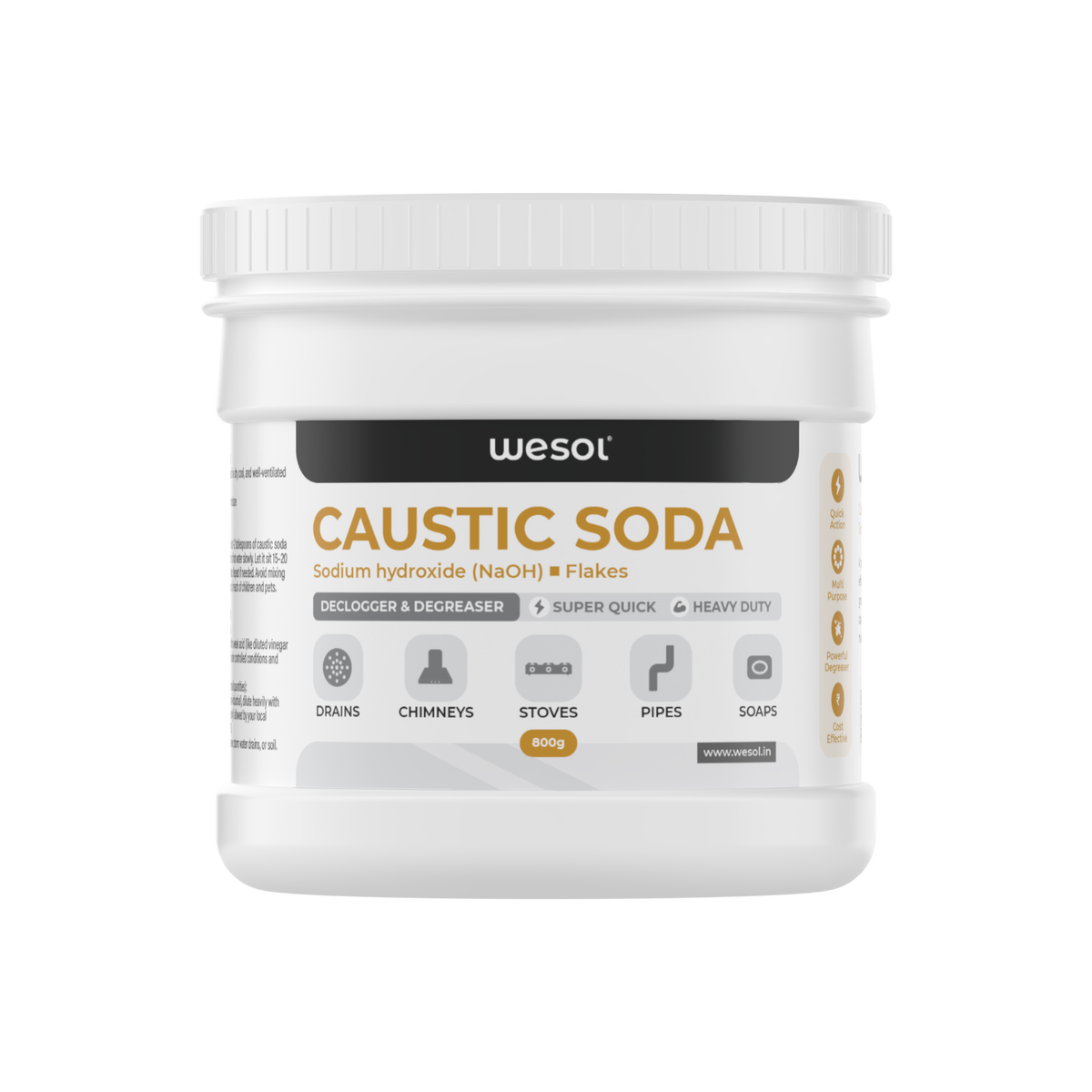 Wesol Caustic Soda Flakes, 800g, Multi-Purpose Declogger and Degreaser for Drains, Chimneys, Stoves, Pipes and Soap Making