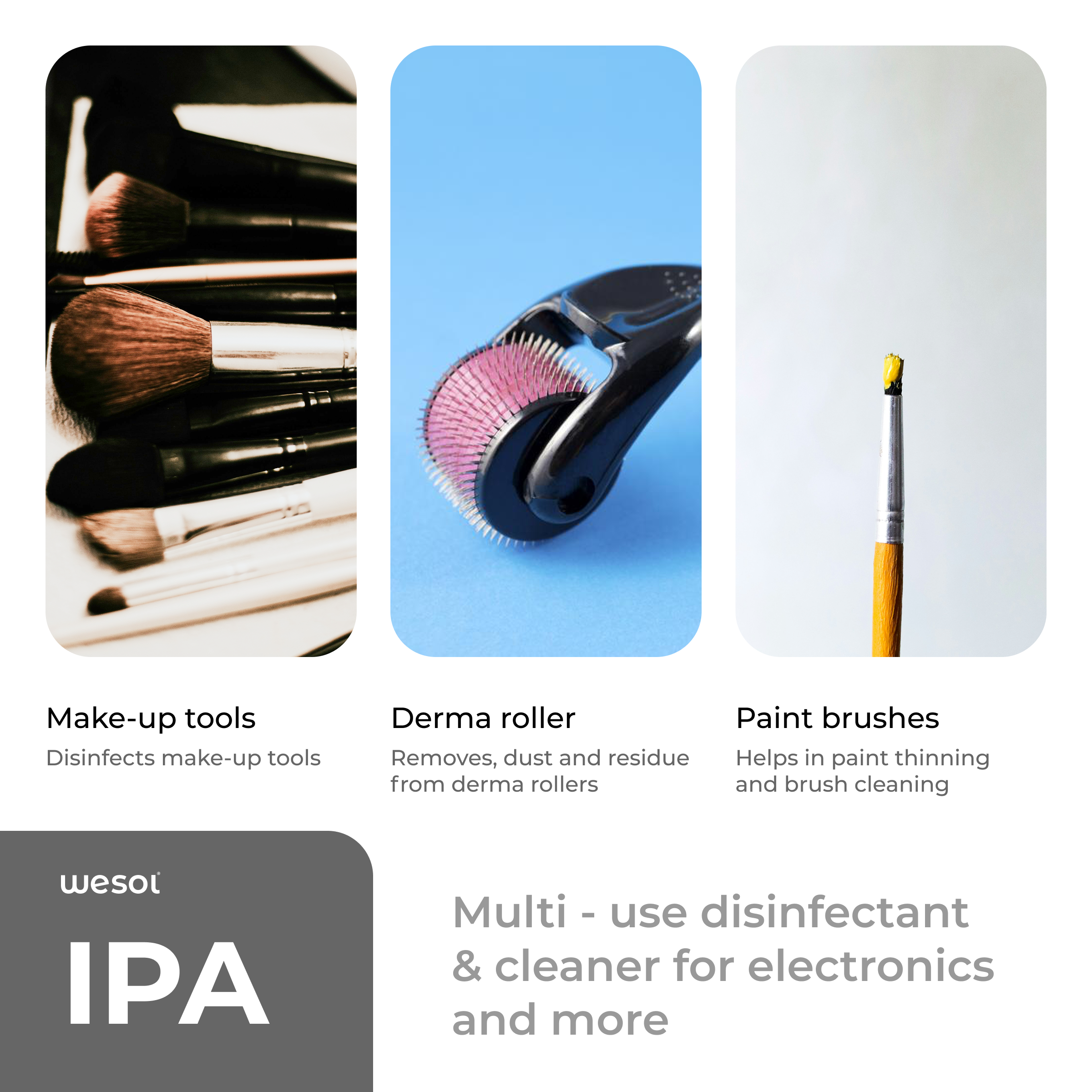 Wesol IPA Isopropyl Alcohol 99.9% Surface Disinfectant and Cleaner, 200ml, Multi-Purpose for Electronics, Makeup Tools, Derma Rollers