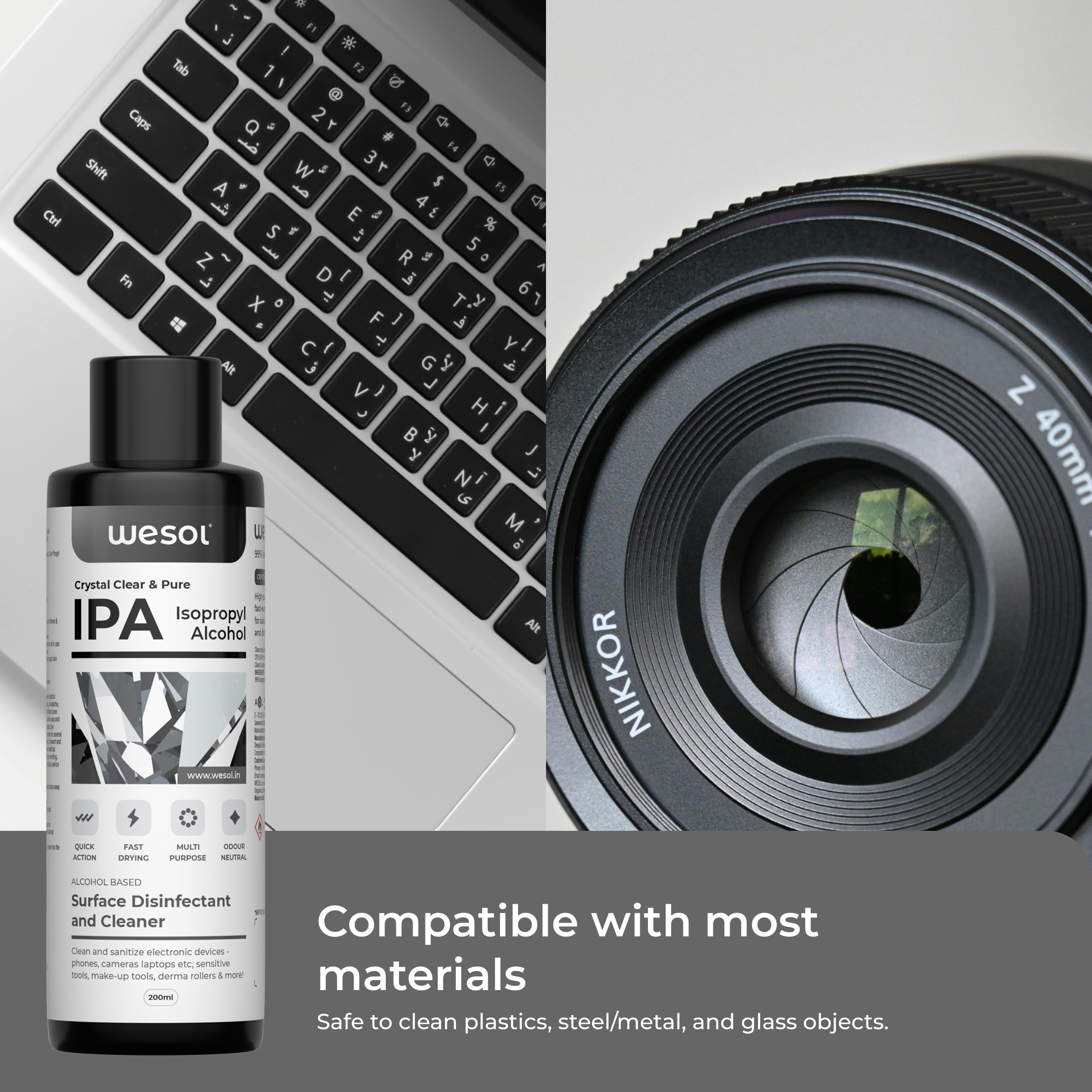 Wesol IPA Isopropyl Alcohol 99.9% Surface Disinfectant and Cleaner, 200ml, Multi-Purpose for Electronics, Makeup Tools, Derma Rollers