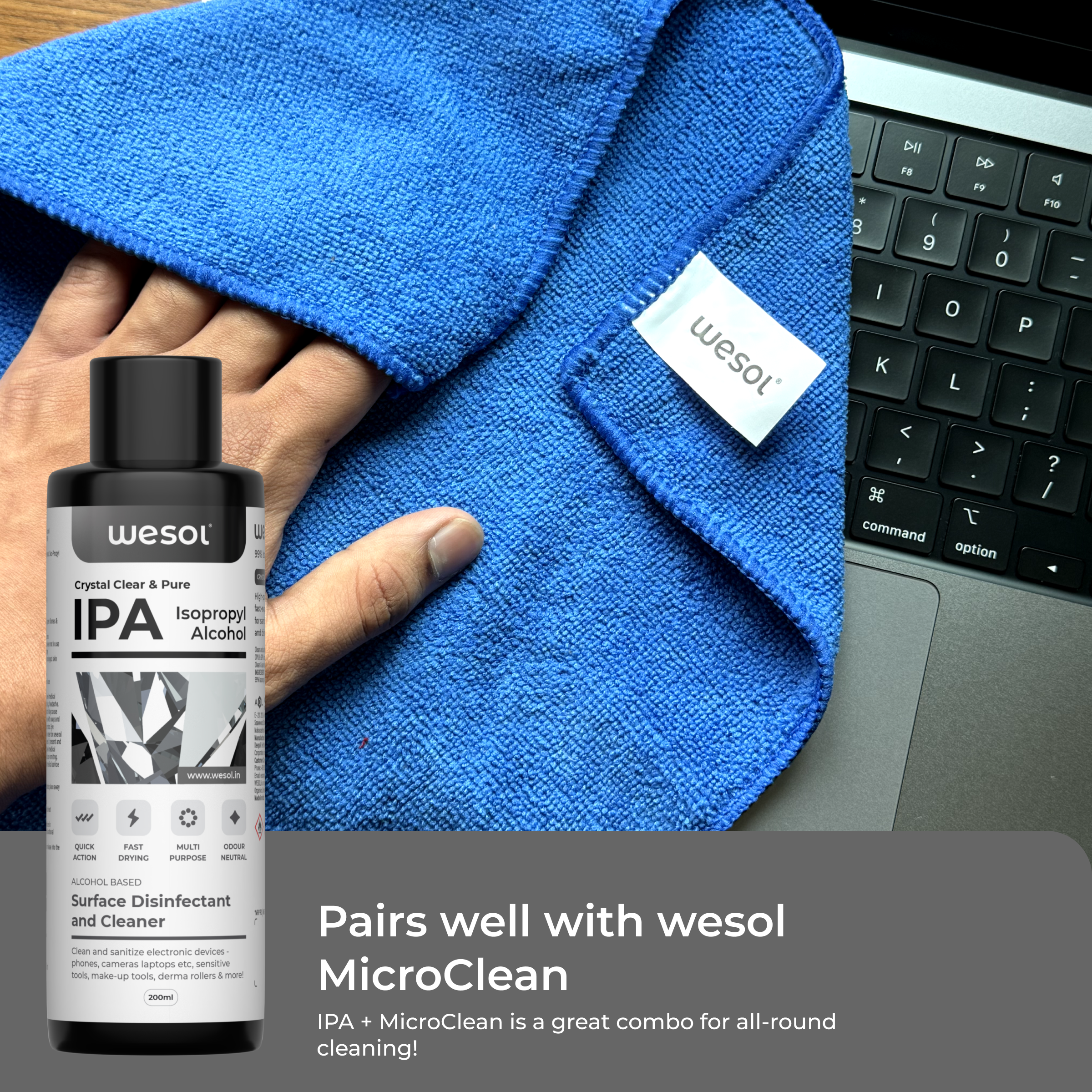 Wesol IPA Isopropyl Alcohol 99.9% Surface Disinfectant and Cleaner, 200ml, Multi-Purpose for Electronics, Makeup Tools, Derma Rollers