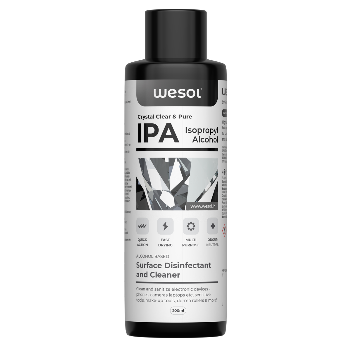 Wesol IPA Isopropyl Alcohol 99.9% Surface Disinfectant and Cleaner, 200ml, Multi-Purpose for Electronics, Makeup Tools, Derma Rollers