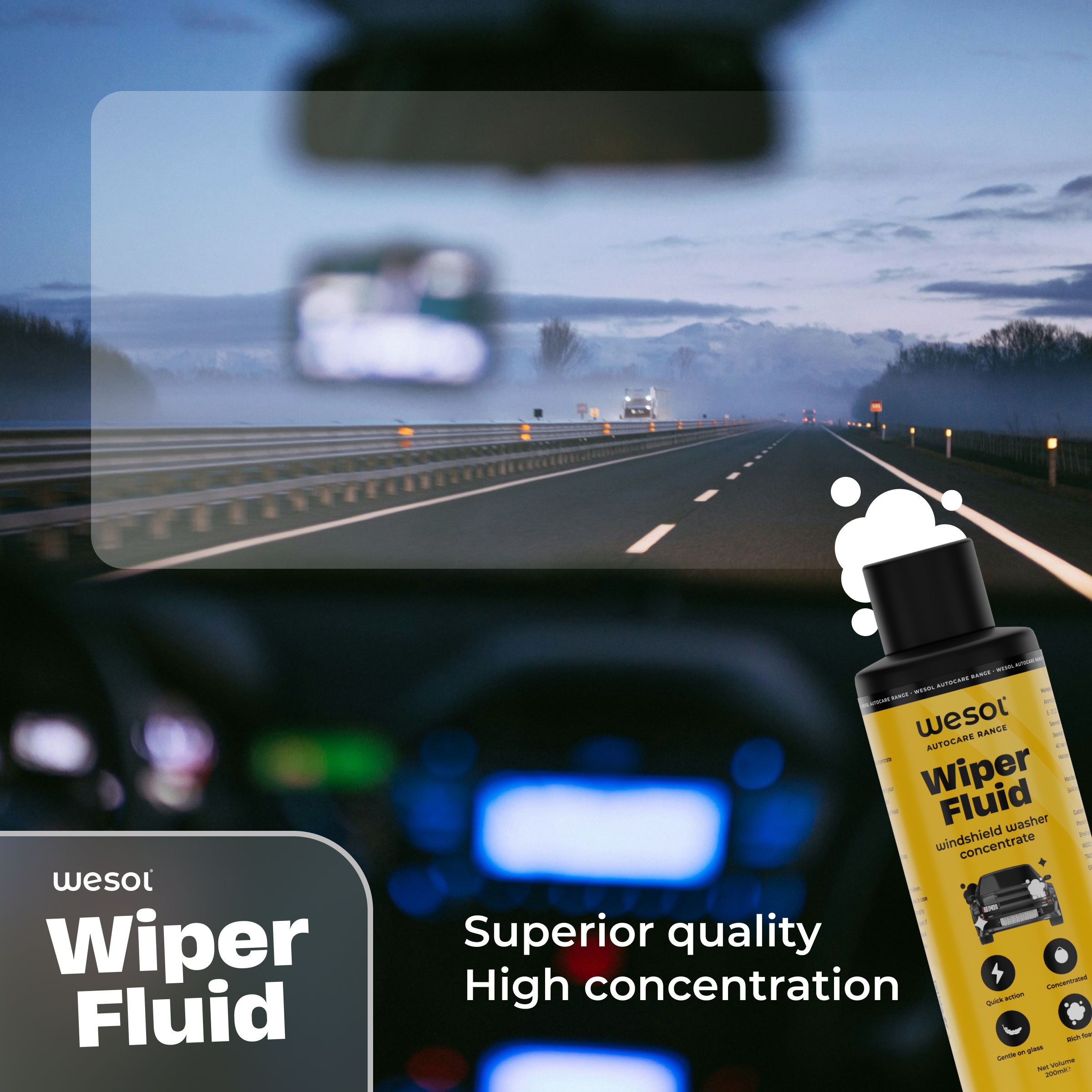 Wesol Car Wiper Liquid Windshield Washer Concentrate 200ml Quick Action Concentrated Gentle on Glass Rich Foam