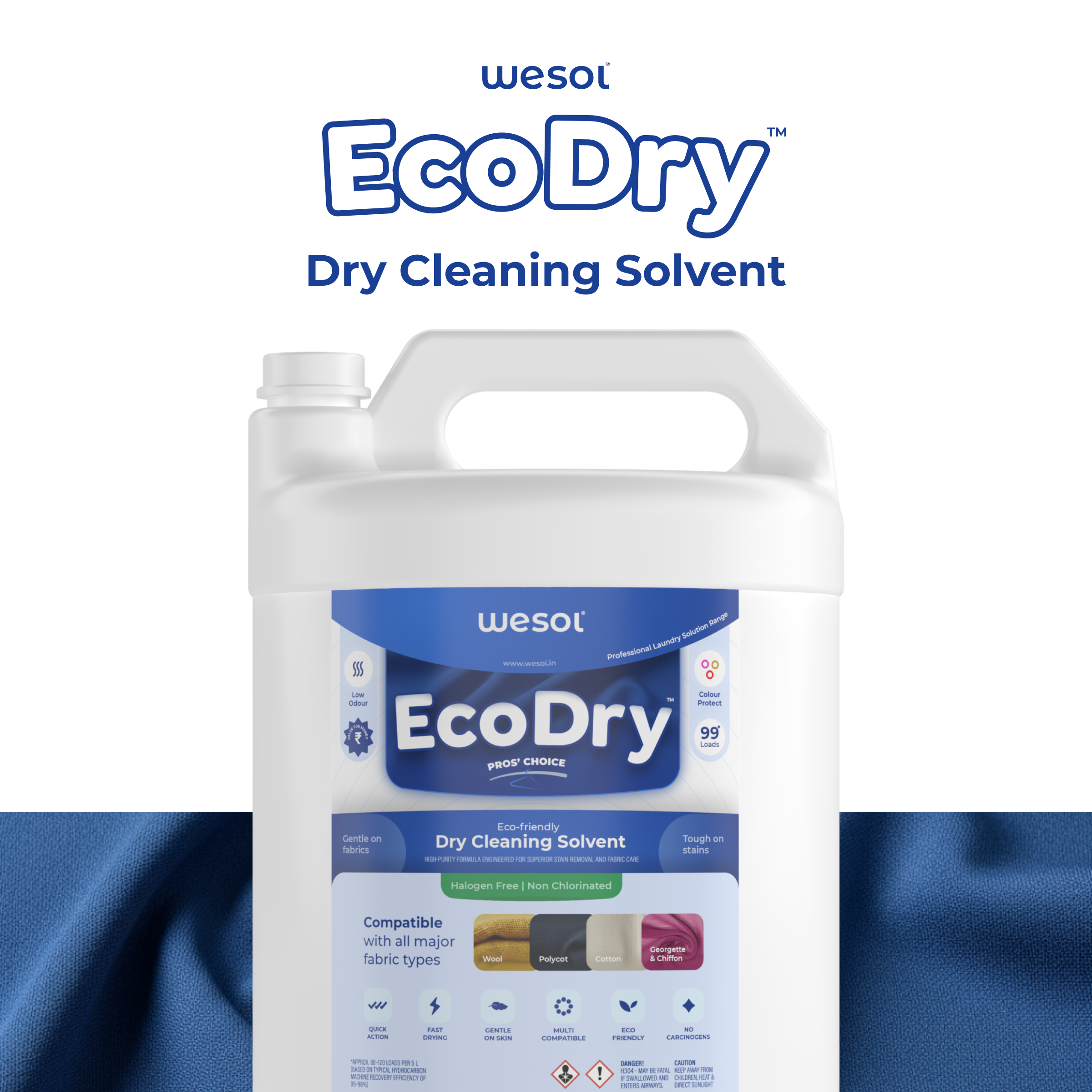 Wesol EcoDry Professional Dry Cleaning Solvent for Laundry, 5L Halogen-Free Formula, Multi-Fabric Compatible, Shrink Free, and Fast-Drying Solution for Hydrocarbon Machines