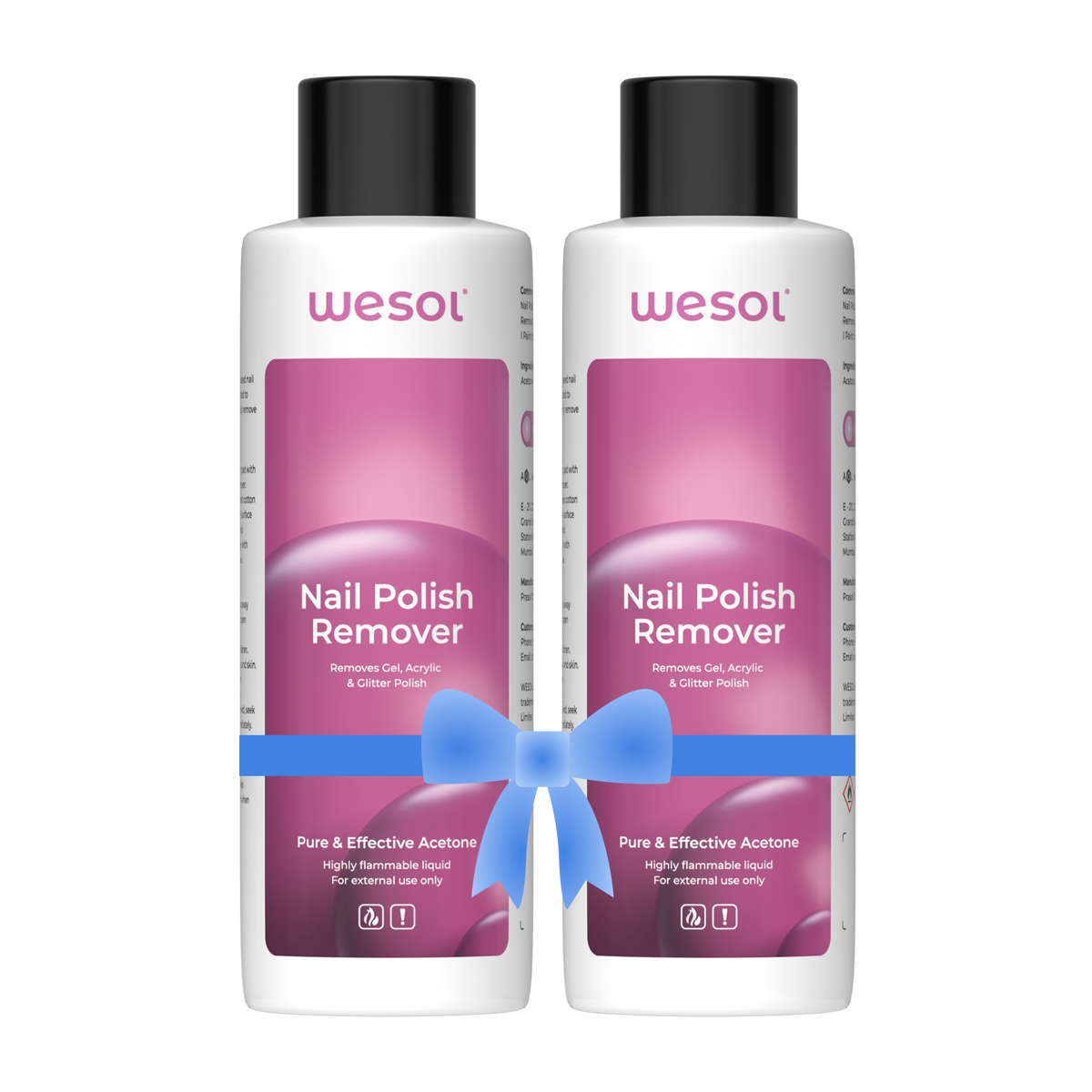 Wesol Acetone Nail Polish Remover Pack of 2 (200ml Each) | 100% Pure Acetone | Gel, Glitter & Acrylic Remover | Fast-Action | Salon Grade