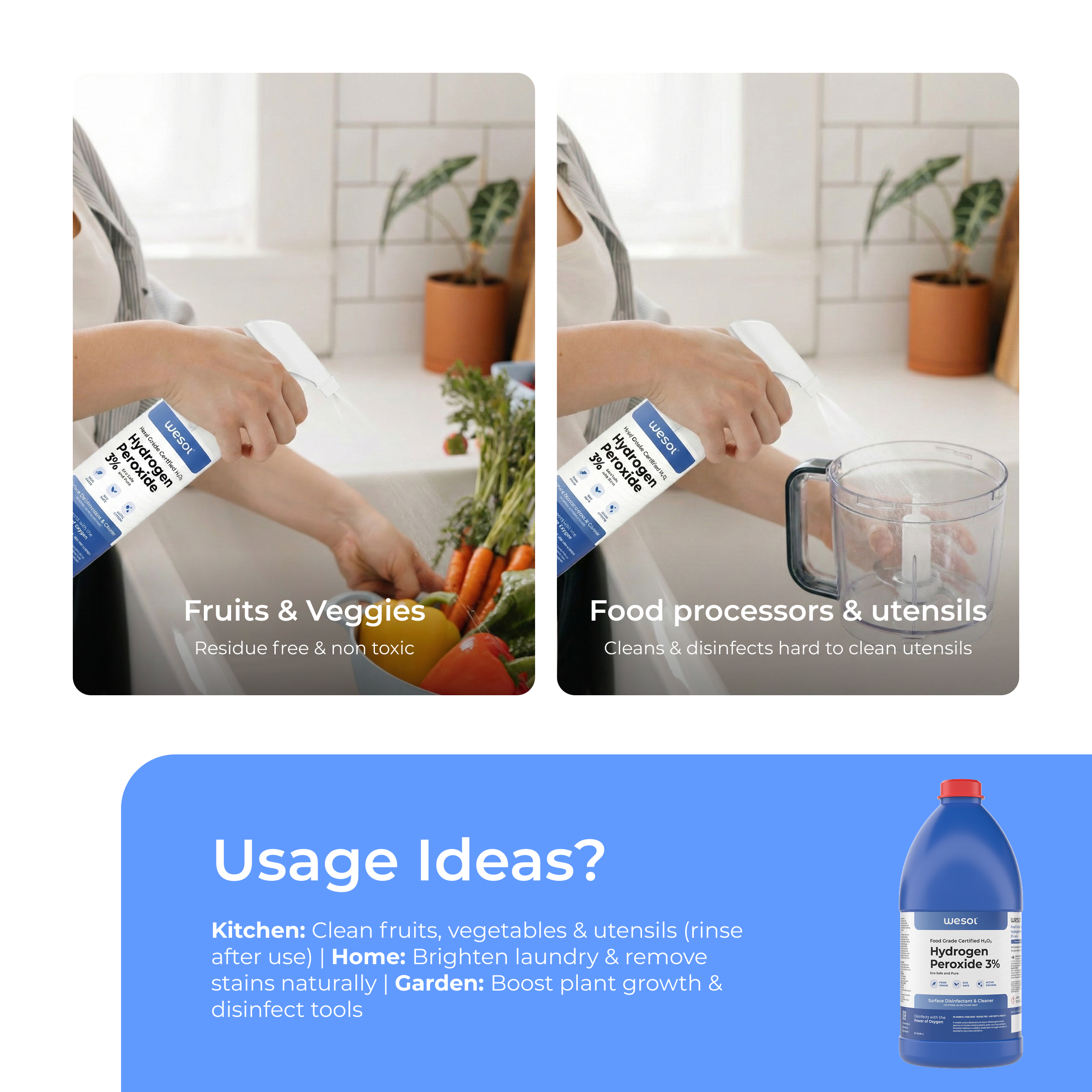 Wesol Hydrogen Peroxide 3% Food Grade Multi-Use Disinfectant |Kills 99.9% Germs & Viruses | 1 Litre (Pack of 2)-Best For Cleaning, General disinfection, deodorising, Hydroponics, Food production unit