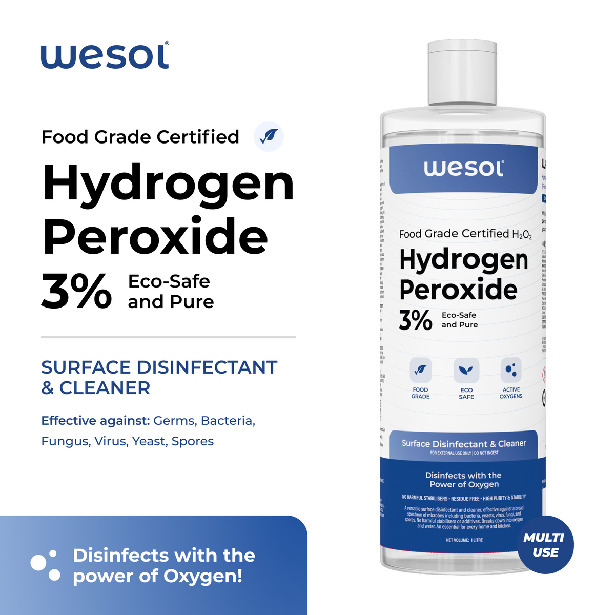 Wesol Hydrogen Peroxide 3% Food Grade | Multi-Use Disinfectant | Kills 99.9% Germs & Viruses | 1 Litre Pack - Best For Cleaning, General disinfection, Hydroponics, Food production units.