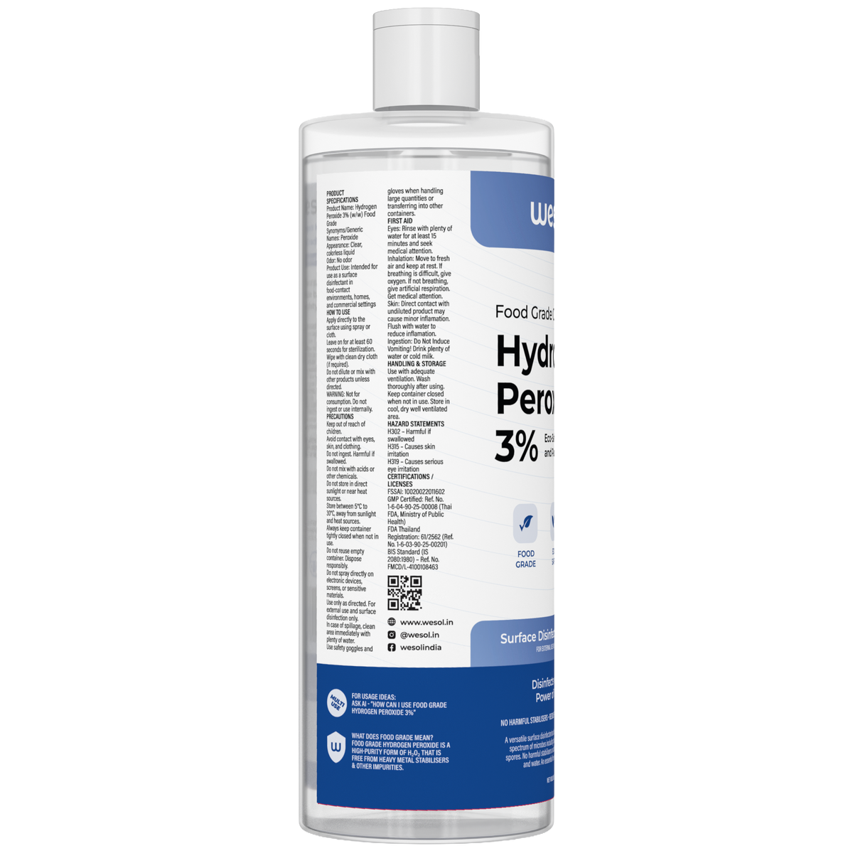 Wesol Hydrogen Peroxide 3% Food Grade | Multi-Use Disinfectant | Kills 99.9% Germs & Viruses | 1 Litre Pack - Best For Cleaning, General disinfection, Hydroponics, Food production units.