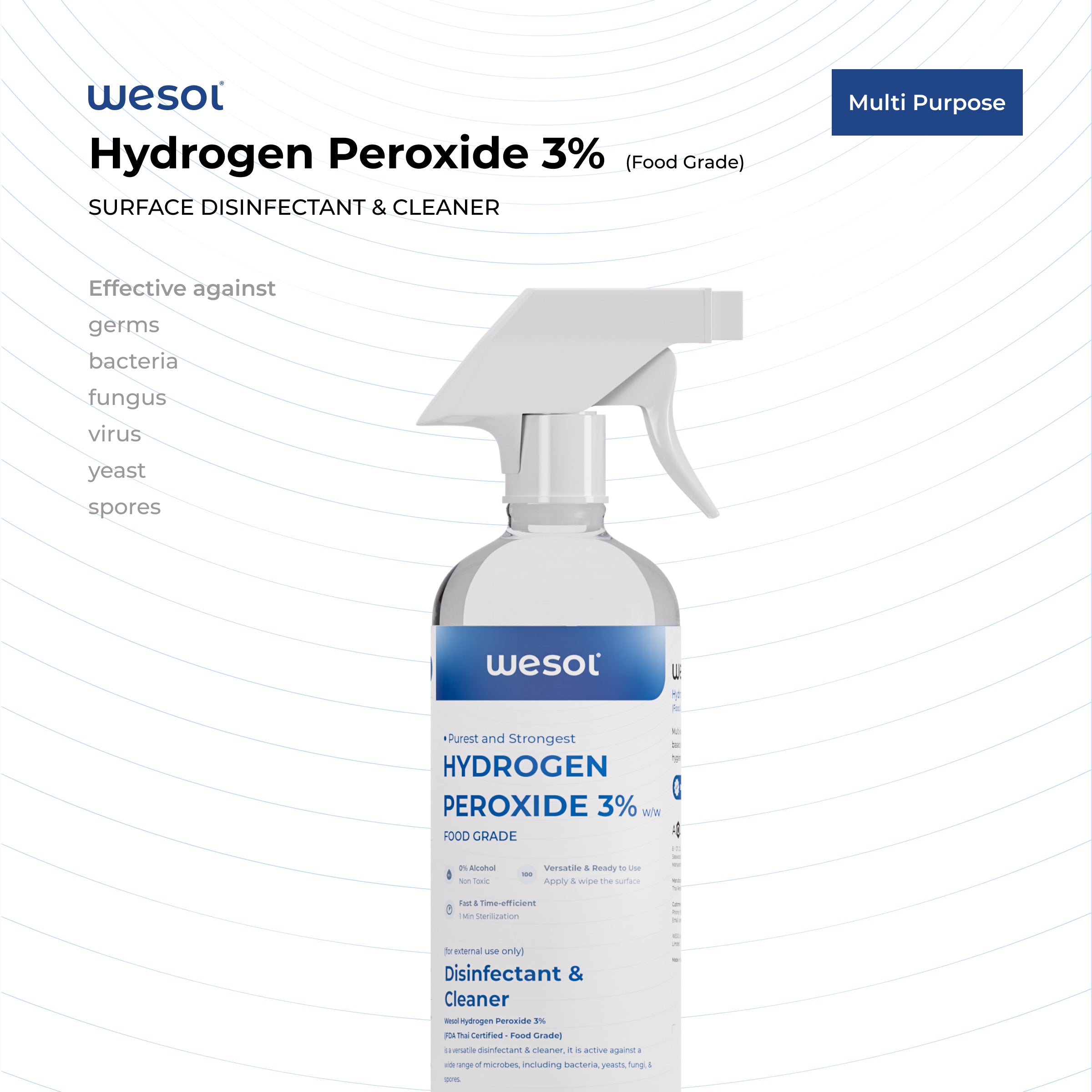 Wesol Hydrogen Peroxide 3% Food Grade | Multi-Use Disinfectant | Kills 99.9% Germs & Viruses | 500ml Pack - Best For Cleaning, General disinfection, deodorising, Hydroponics, Food production