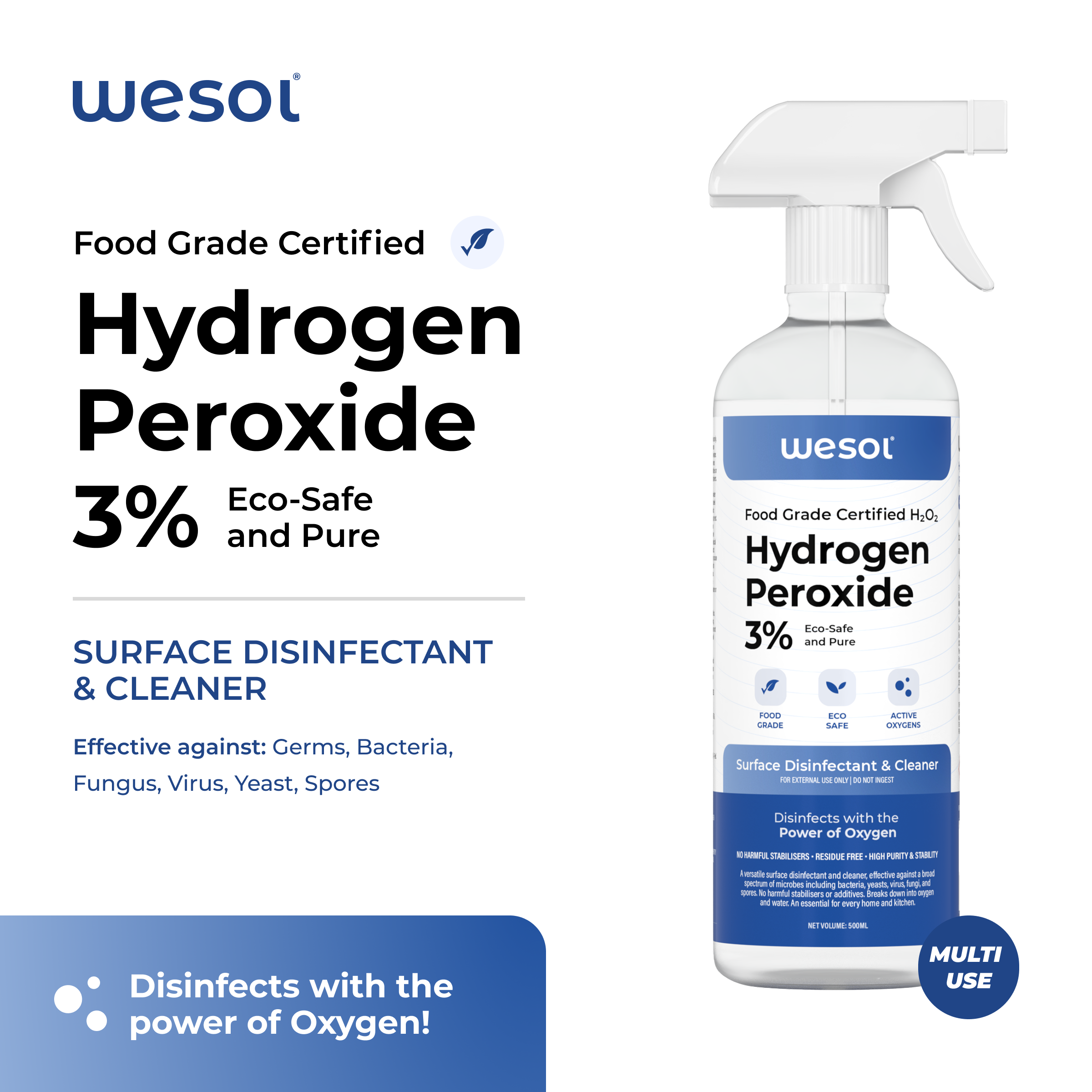 Wesol Hydrogen Peroxide 3% Food Grade | Multi-Use Disinfectant | Kills 99.9% Germs & Viruses | 500ml Pack - Best For Cleaning, General disinfection, deodorising, Hydroponics, Food production